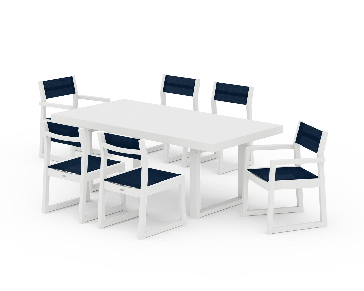 POLYWOOD EDGE Sling 7-Piece Dining Set — White / Navy Blue Sling