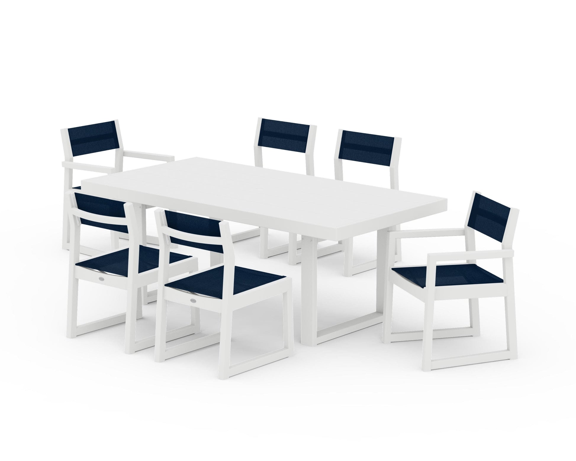 POLYWOOD EDGE Sling 7-Piece Dining Set — White / Navy Blue Sling