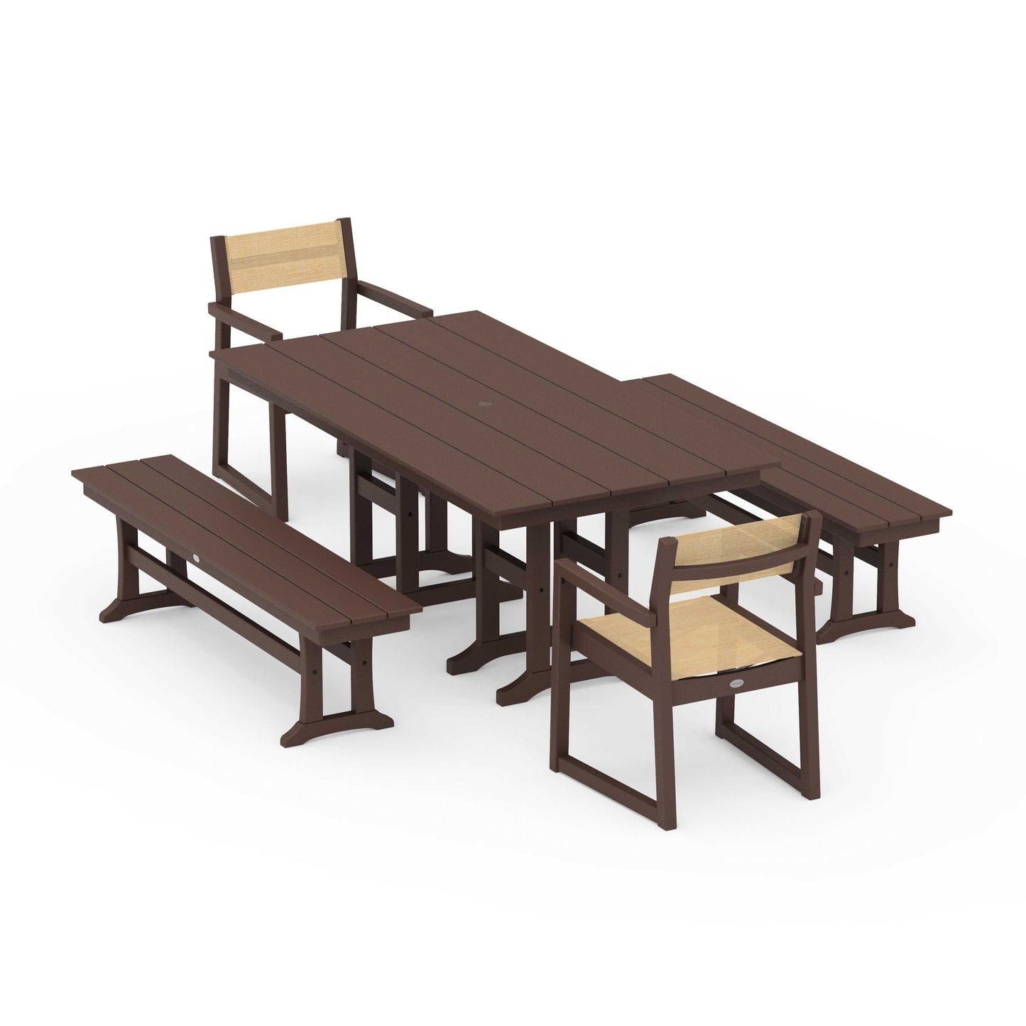 POLYWOOD EDGE Sling Arm Chair 5-Piece Farmhouse Dining Set with Benches — Mahogany / Dupioni Apricot Sling