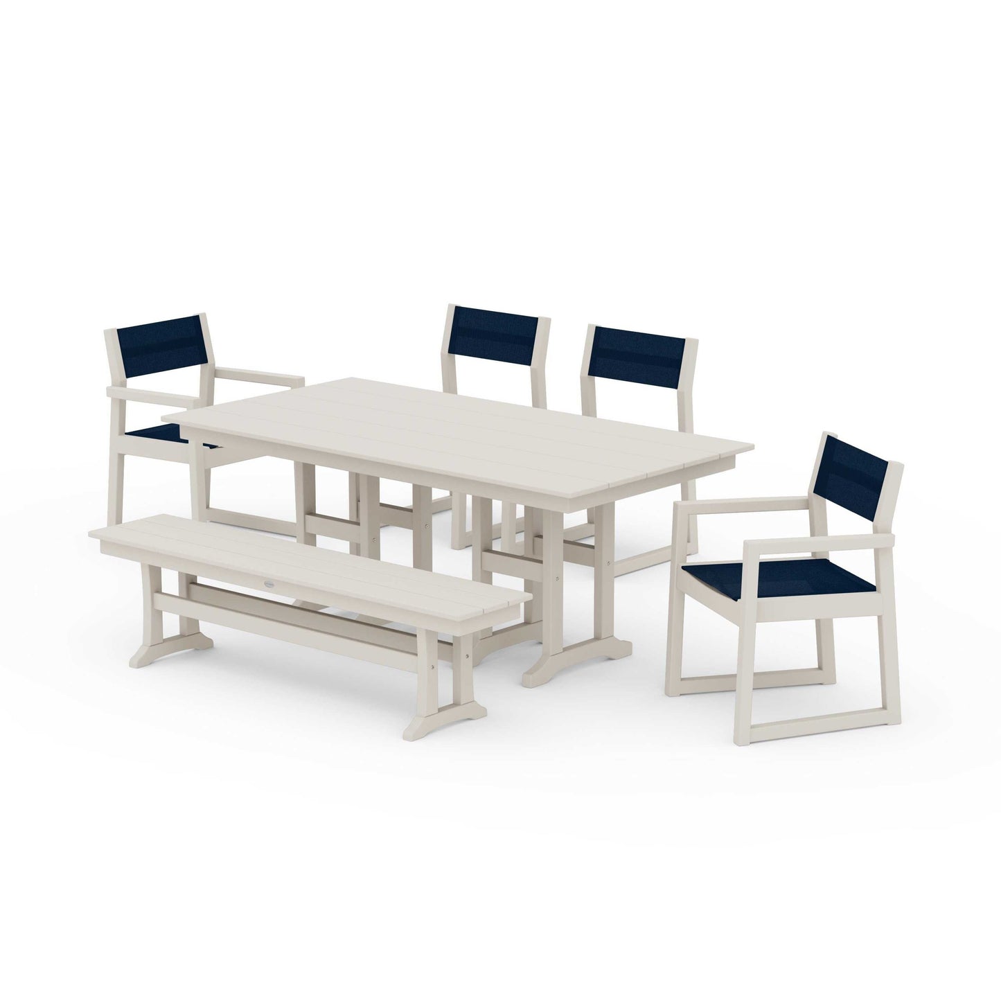 POLYWOOD EDGE Sling 6-Piece Farmhouse Dining Set — Sand / Navy Blue Sling