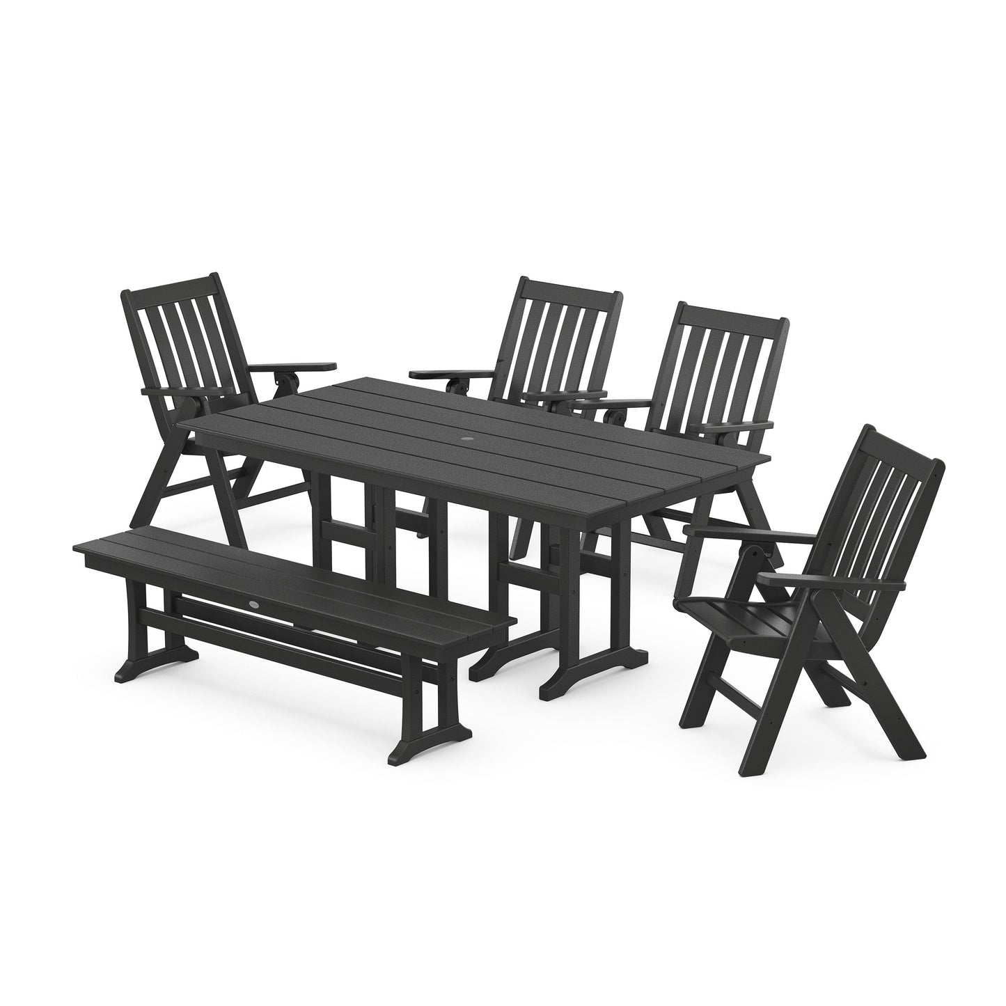 POLYWOOD Vineyard Folding Chair 6-Piece Farmhouse Dining Set with Bench — Black