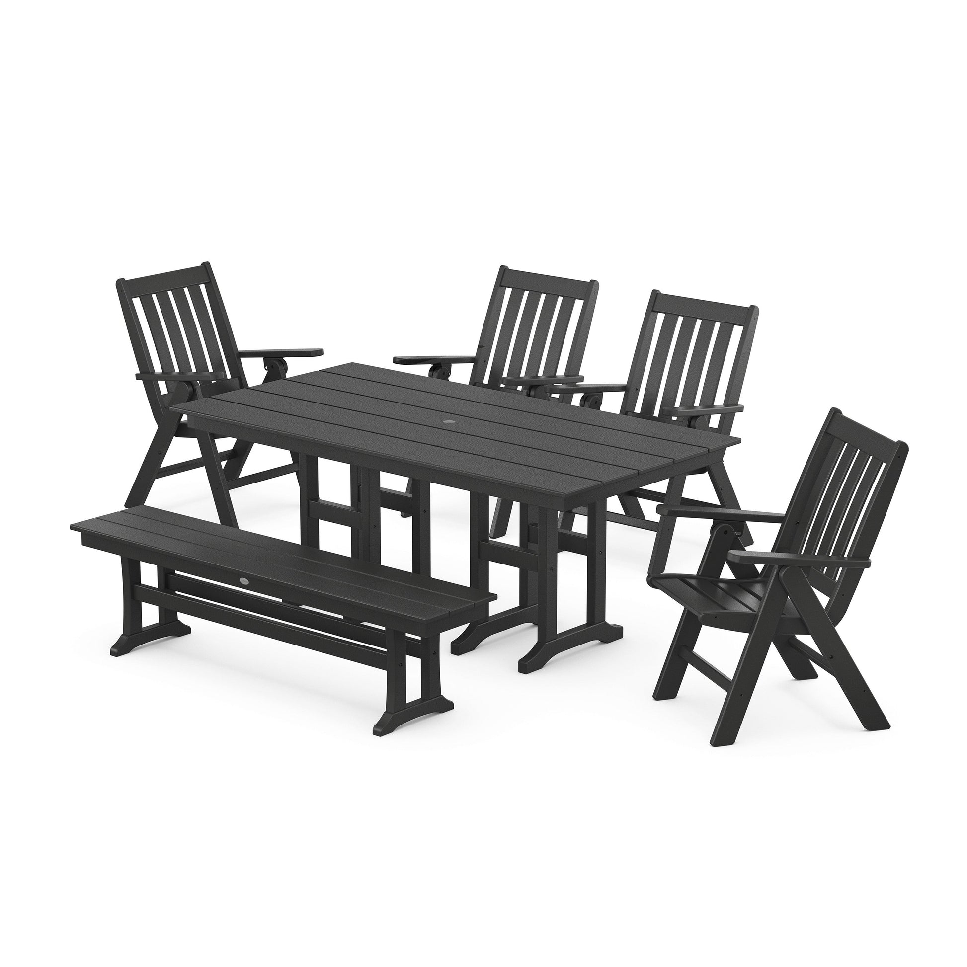 POLYWOOD Vineyard Folding Chair 6-Piece Farmhouse Dining Set with Bench — Black