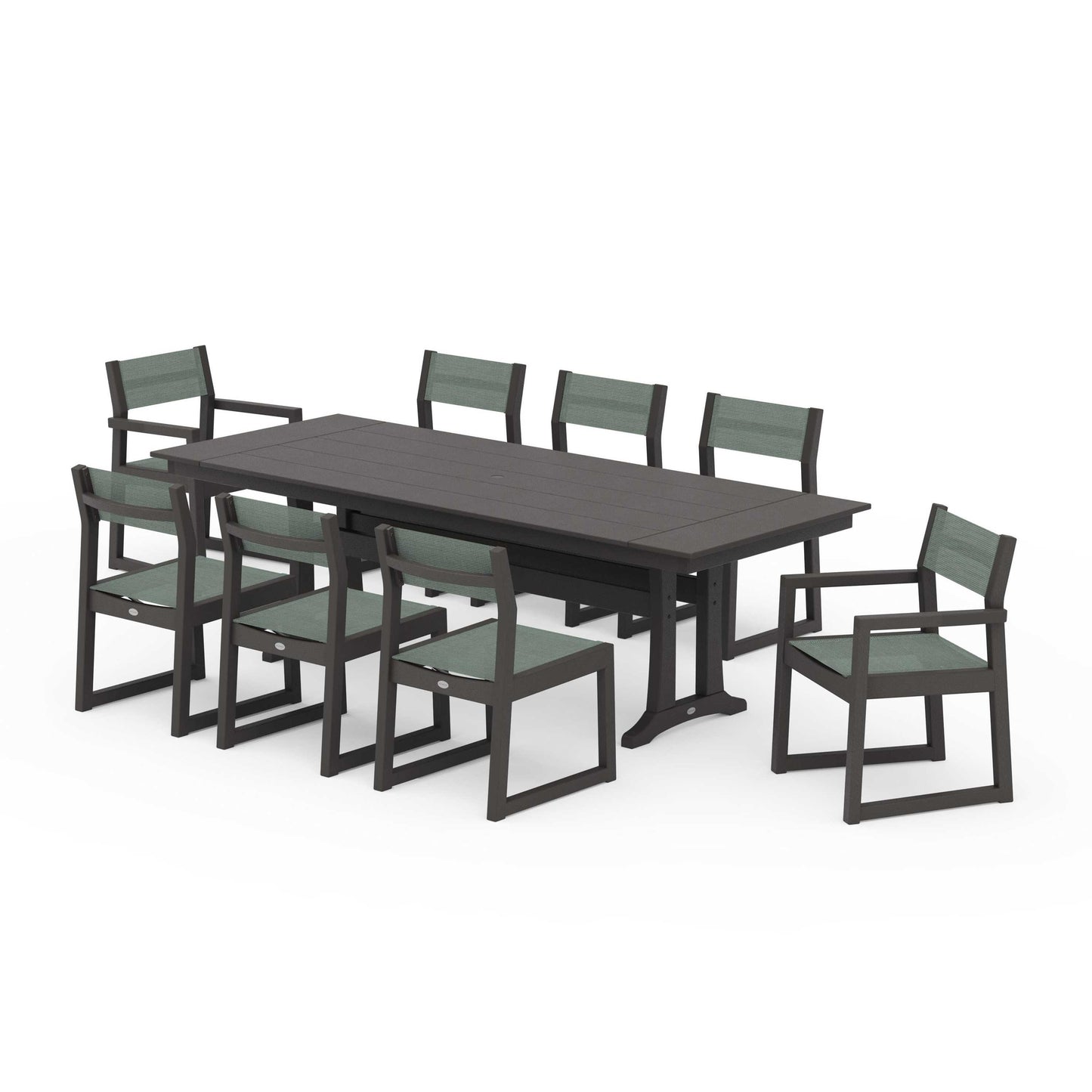 POLYWOOD EDGE Sling 9-Piece Farmhouse Trestle Dining Set — Vintage Coffee / Dupioni Sea Mist Sling