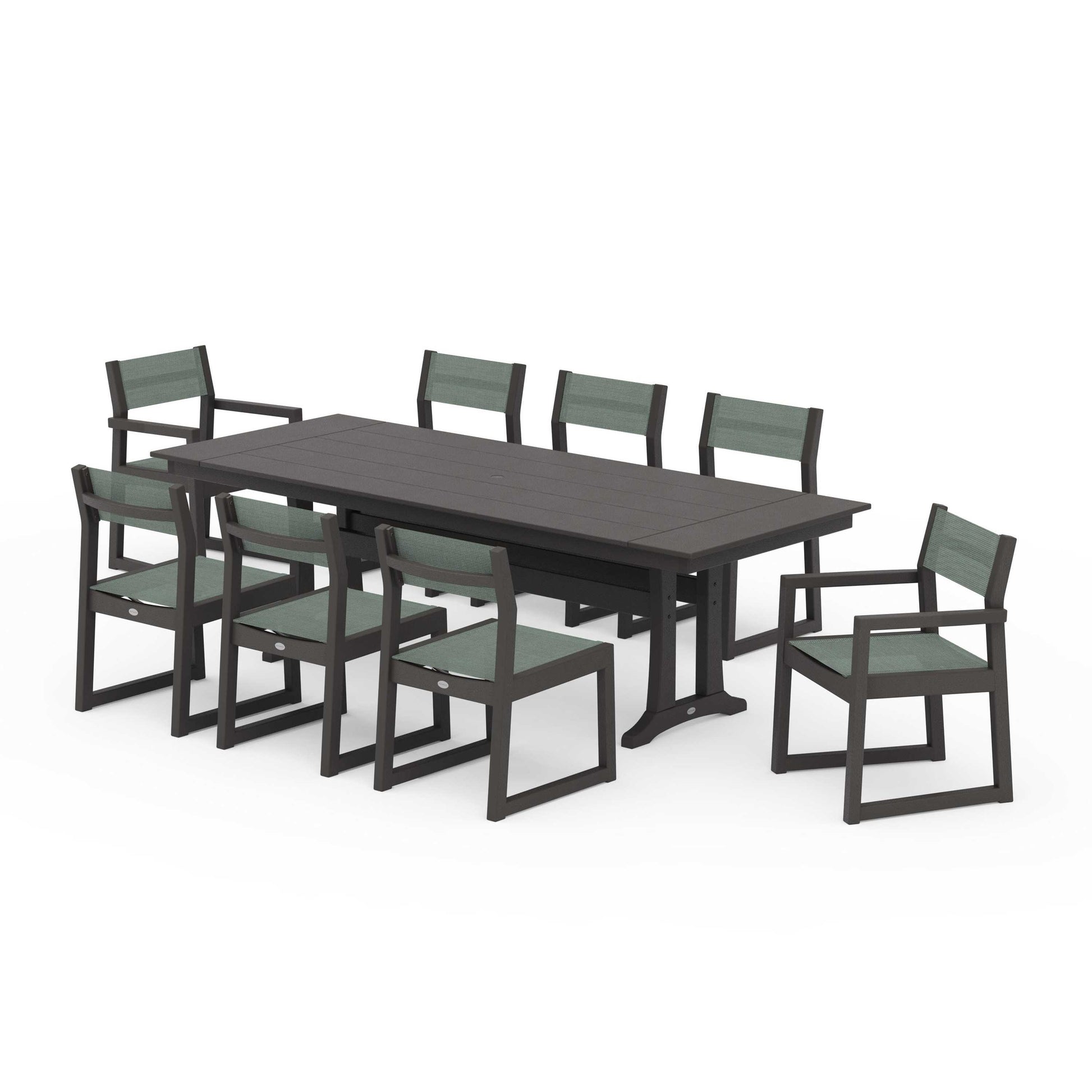 POLYWOOD EDGE Sling 9-Piece Farmhouse Trestle Dining Set — Vintage Coffee / Dupioni Sea Mist Sling