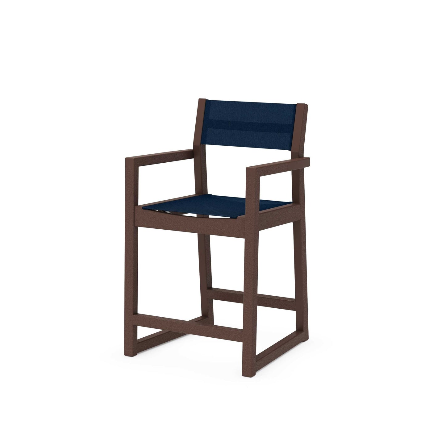 POLYWOOD EDGE Sling Counter Arm Chair — Mahogany / Navy Blue Sling