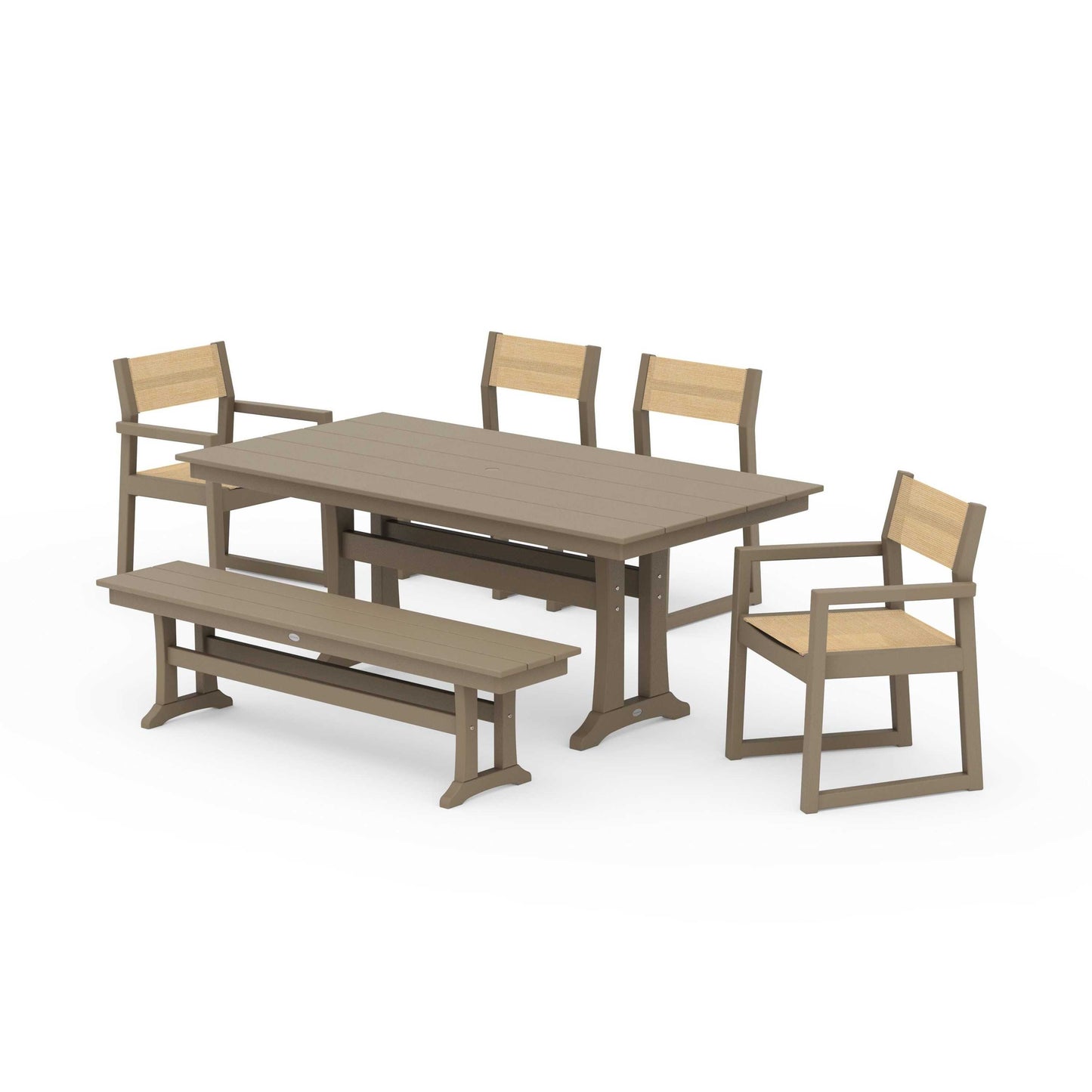 POLYWOOD EDGE Sling 6-Piece Farmhouse Dining Set With Trestle Legs — Vintage Sahara / Dupioni Apricot Sling
