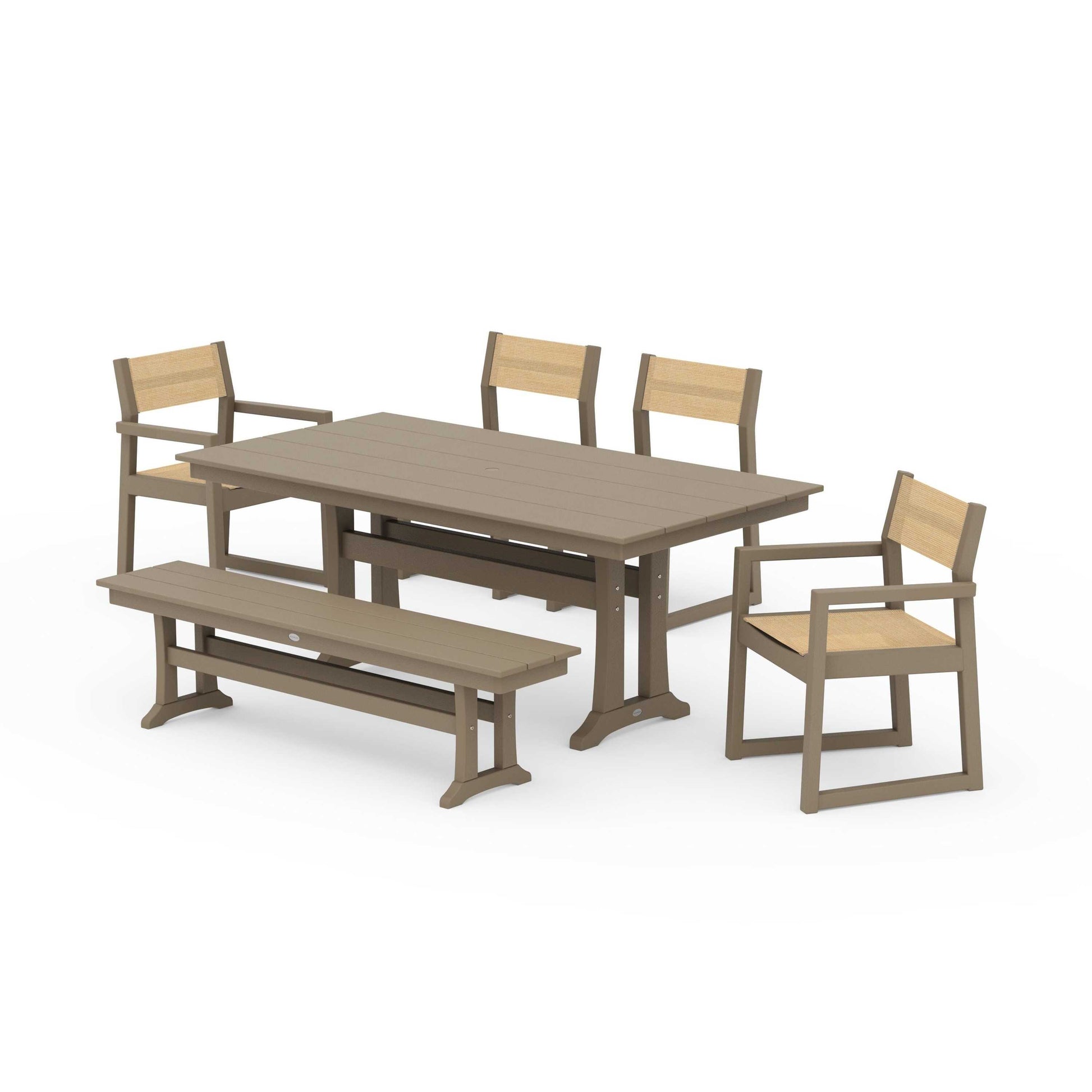 POLYWOOD EDGE Sling 6-Piece Farmhouse Dining Set With Trestle Legs — Vintage Sahara / Dupioni Apricot Sling