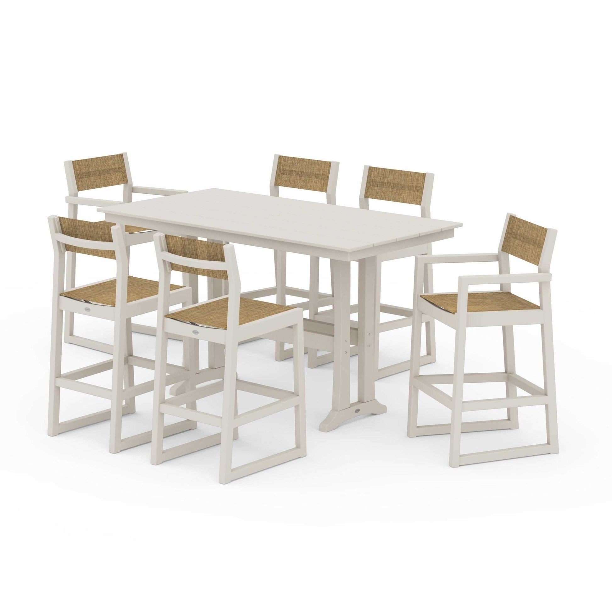 POLYWOOD EDGE Sling 7-Piece Farmhouse Bar Set with Trestle Legs — Sand / Burlap Sling