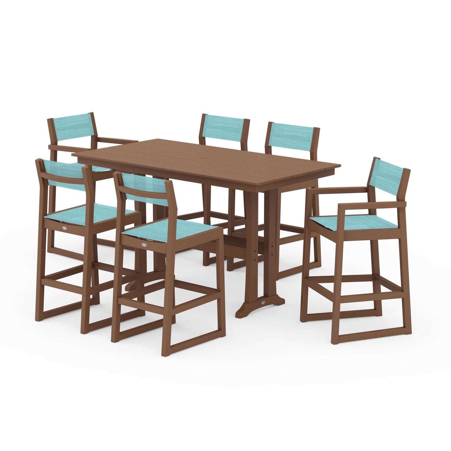 POLYWOOD EDGE Sling 7-Piece Farmhouse Bar Set with Trestle Legs — Teak / Dupioni Aquamarine Sling