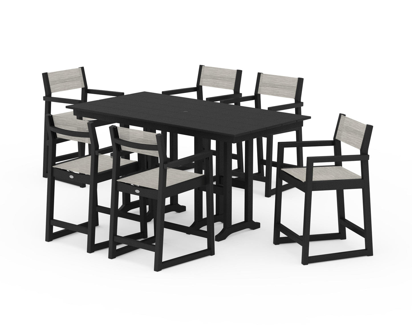POLYWOOD EDGE Sling Arm Chair 7-Piece Farmhouse Counter Set — Black / Birch Sling