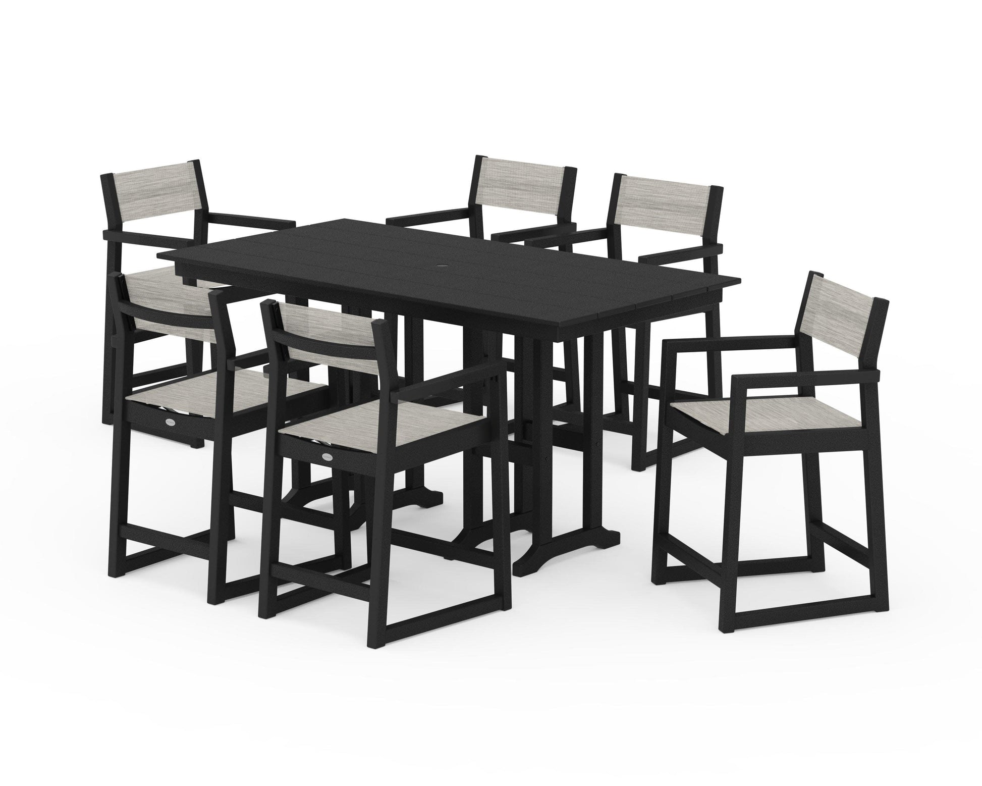 POLYWOOD EDGE Sling Arm Chair 7-Piece Farmhouse Counter Set — Black / Birch Sling