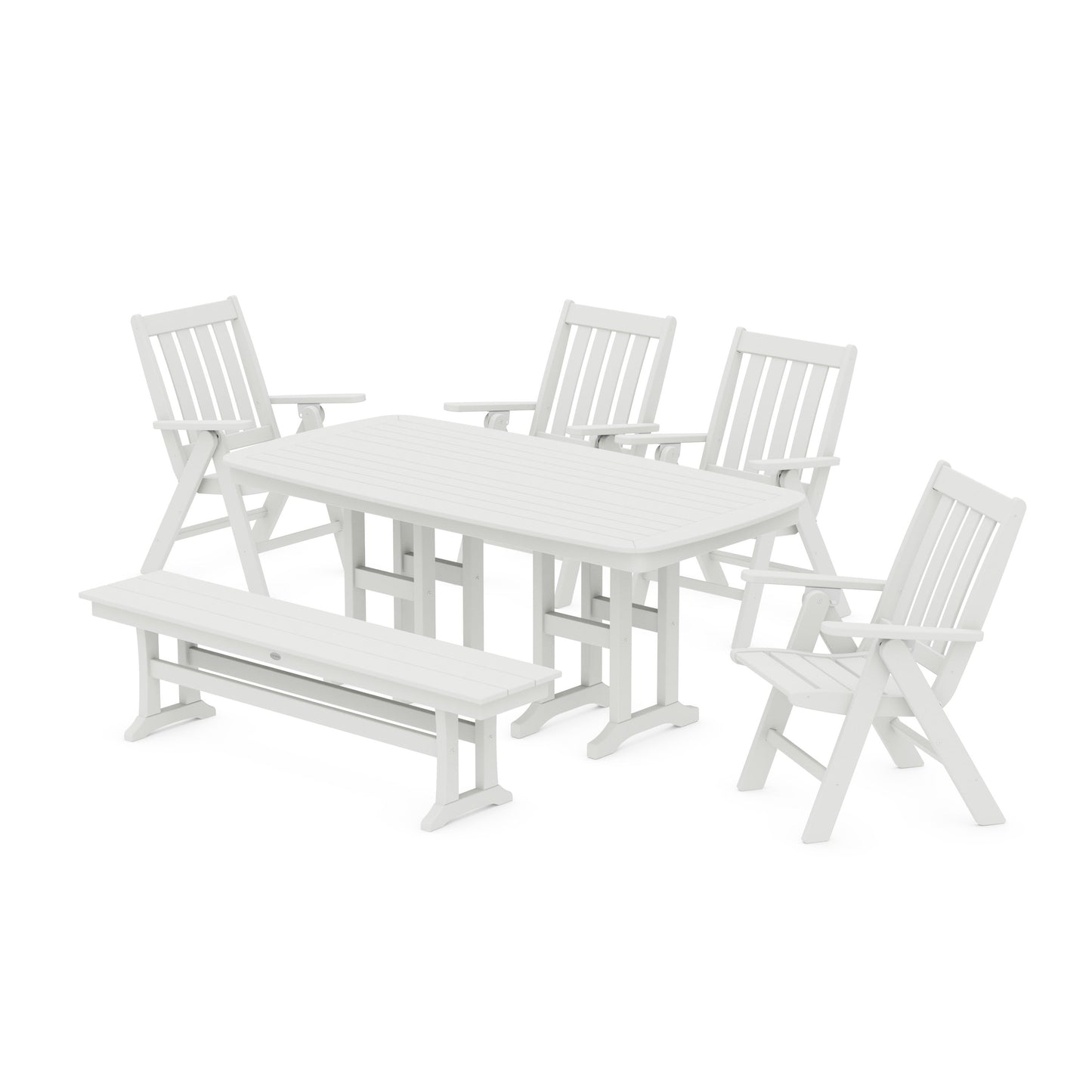 POLYWOOD Vineyard Folding Chair 6-Piece Dining Set with Bench — Vintage White