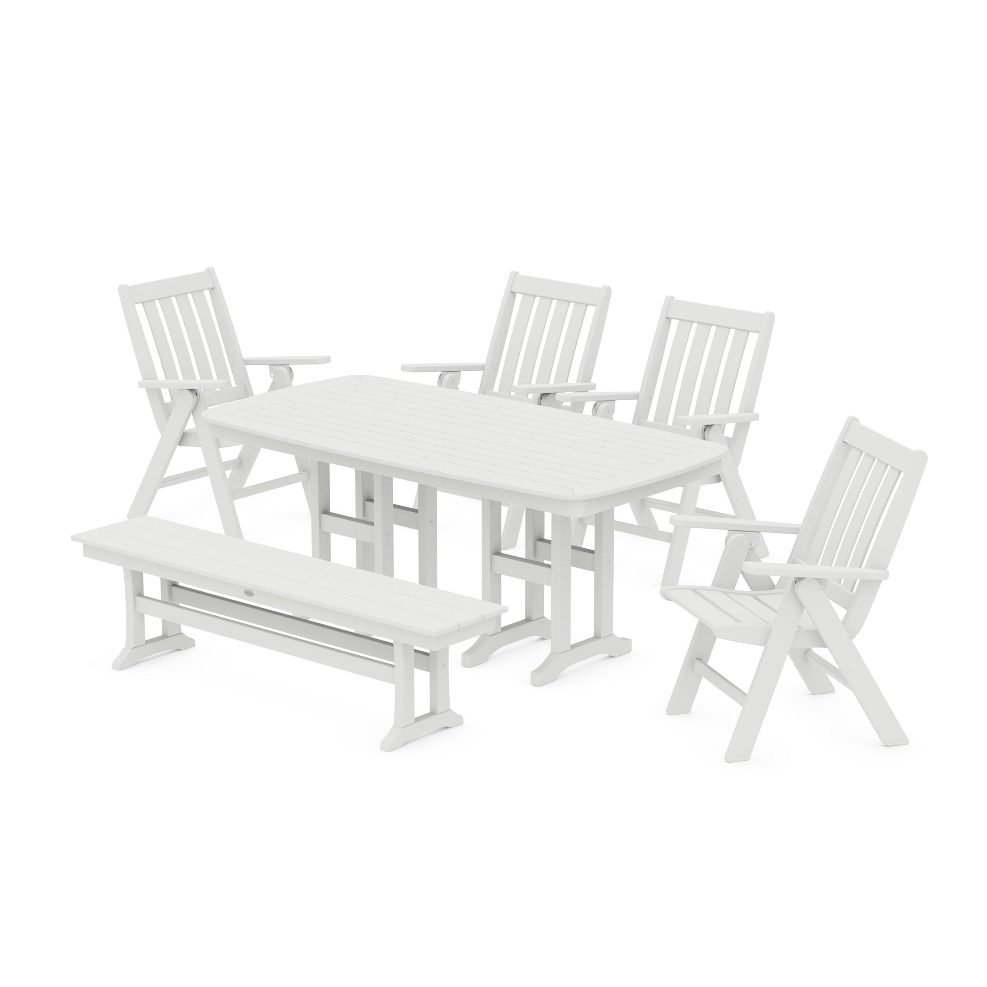 POLYWOOD Vineyard Folding Chair 6-Piece Dining Set with Bench — Vintage White