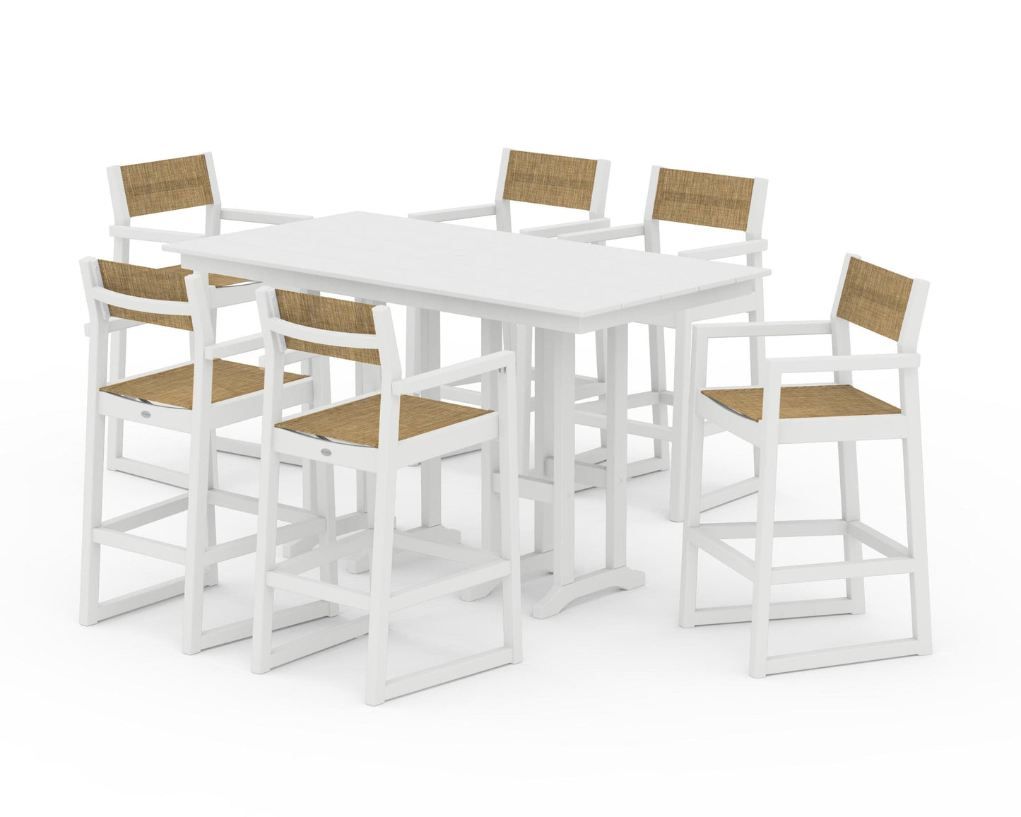 POLYWOOD EDGE Sling Arm Chair 7-Piece Farmhouse Bar Set — White / Burlap Sling