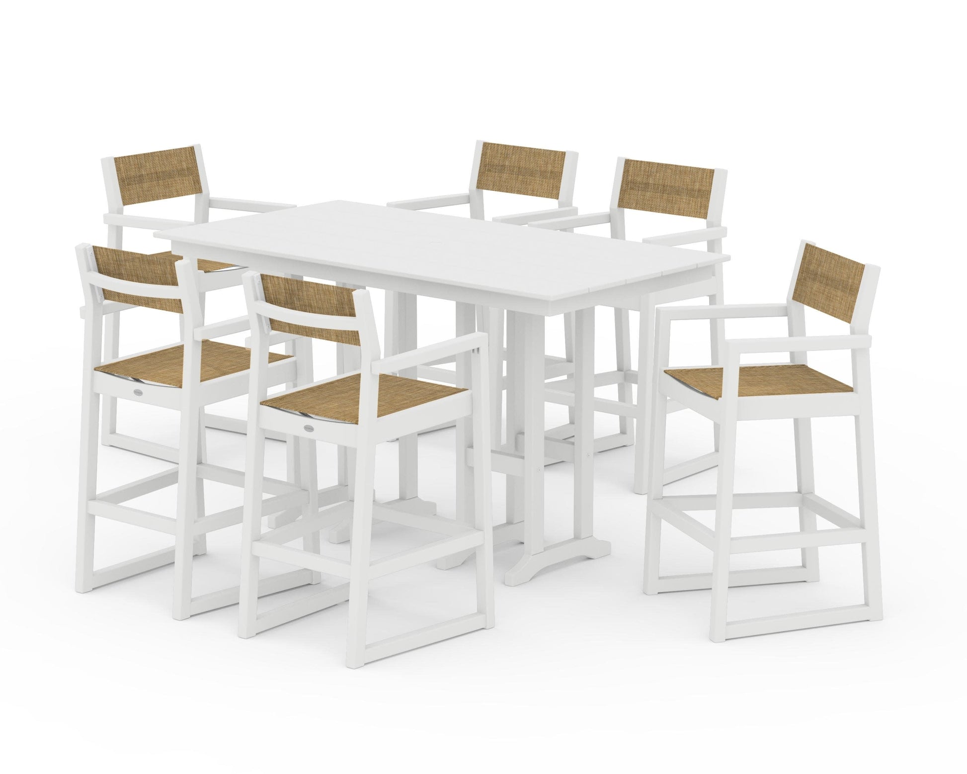 POLYWOOD EDGE Sling Arm Chair 7-Piece Farmhouse Bar Set — White / Burlap Sling