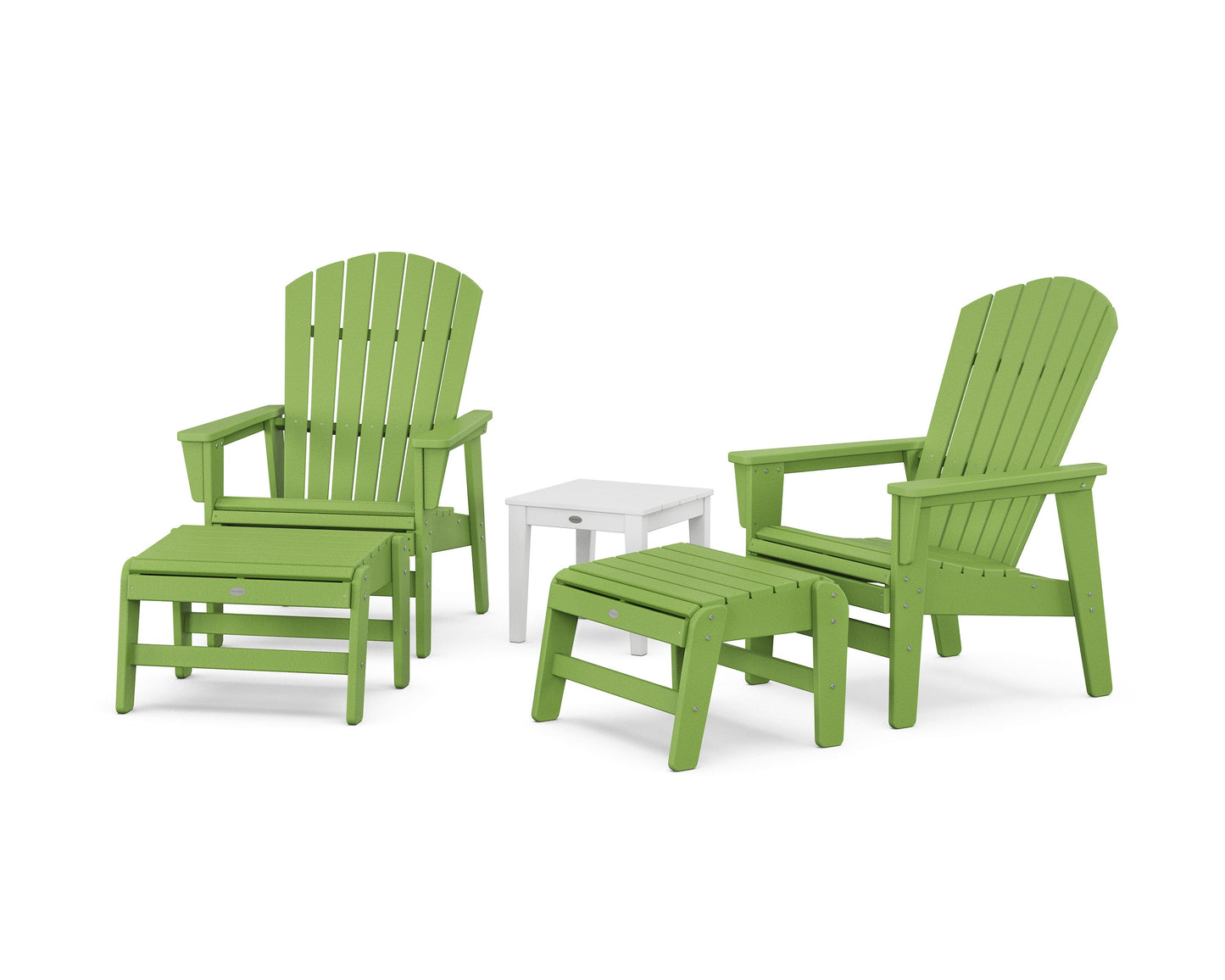 POLYWOOD 5-Piece Nautical Grand Upright Adirondack Set with Ottomans and Side Table — Lime / White