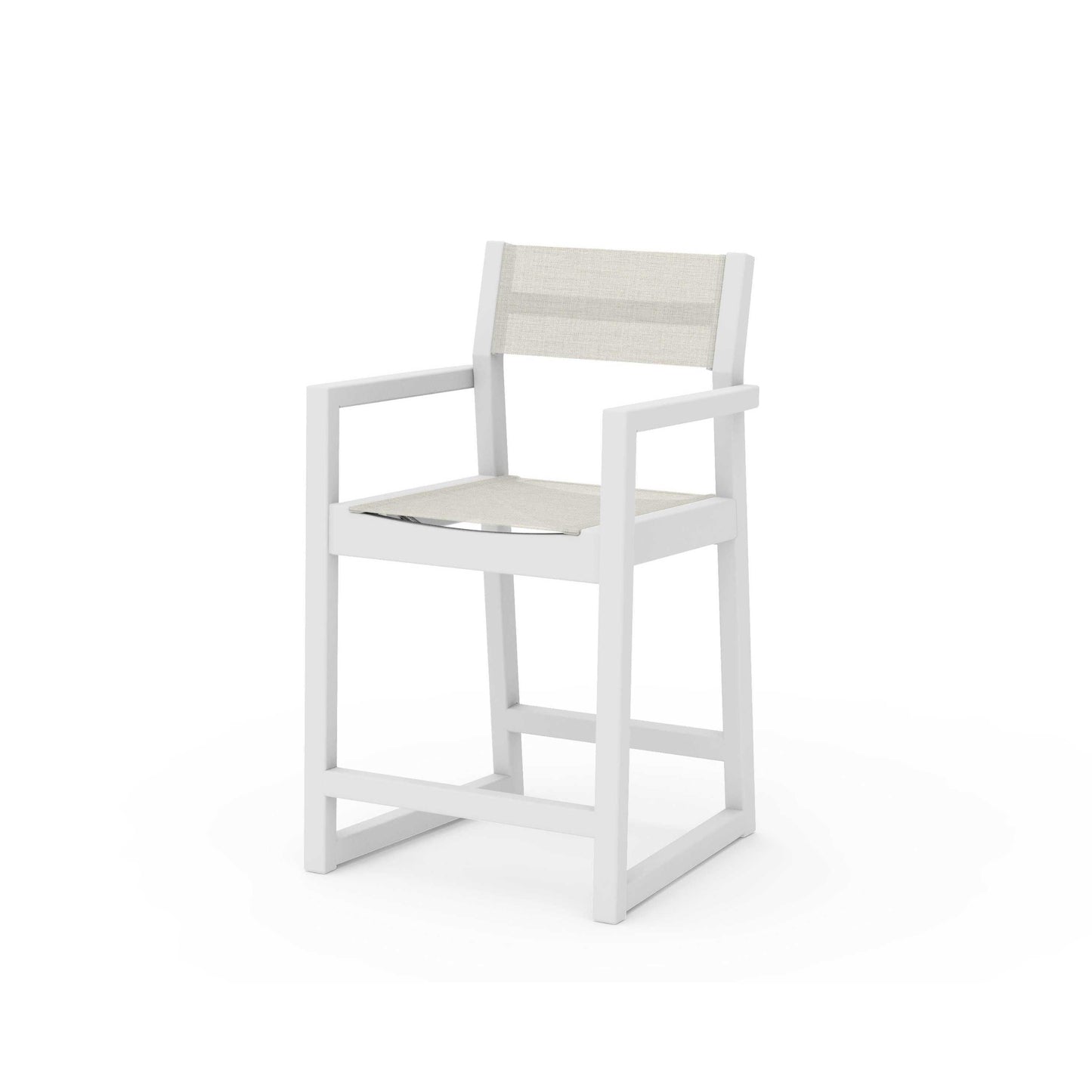 POLYWOOD EDGE Sling Counter Arm Chair — White / Parchment Sling