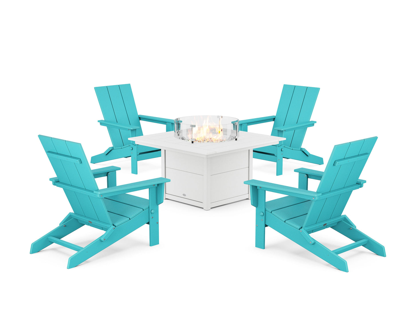 POLYWOOD 5-Piece Modern Studio Folding Adirondack Conversation Set with Fire Pit Table — Aruba / White