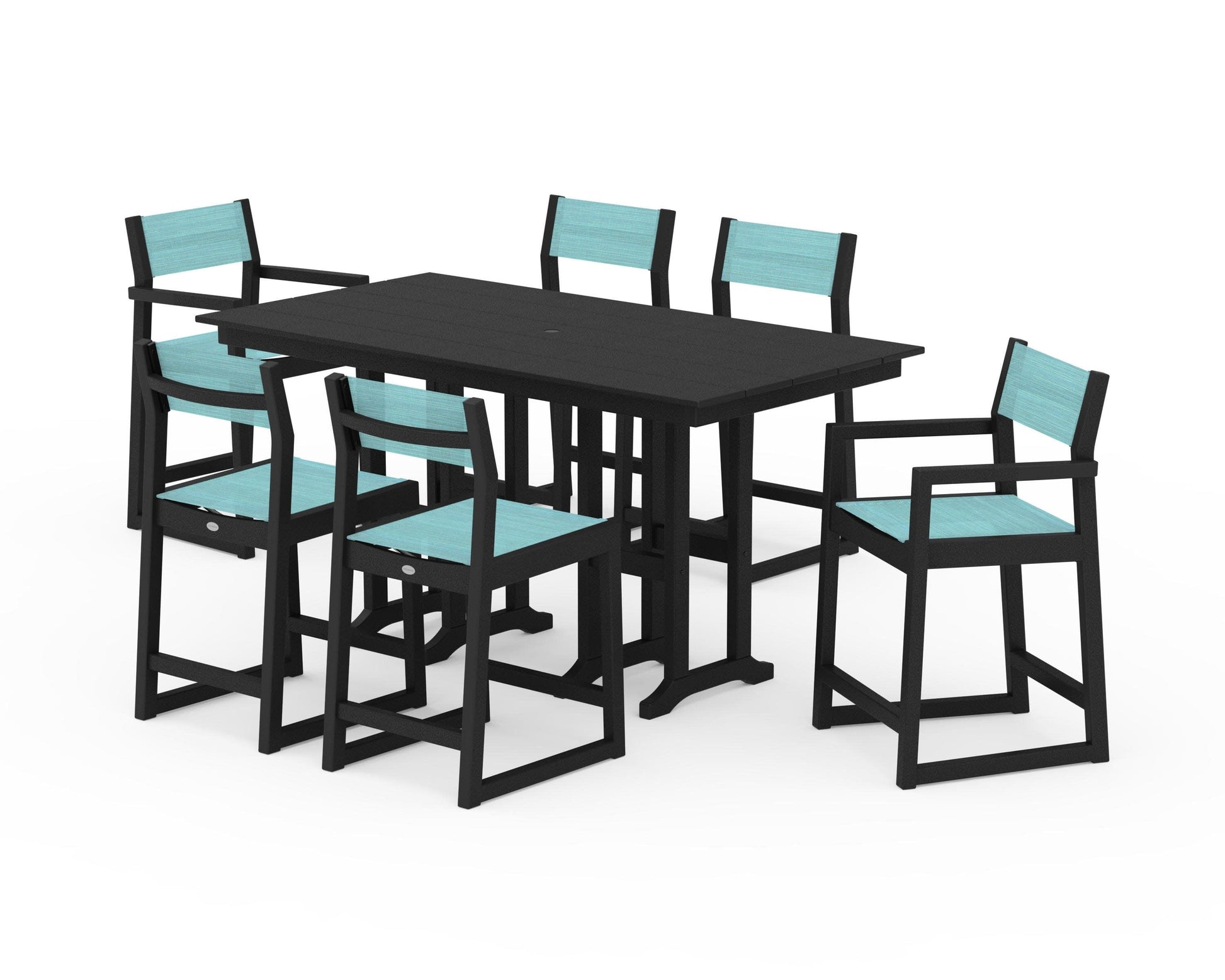 POLYWOOD EDGE Sling 7-Piece Farmhouse Counter Set with Trestle Legs — Black / Dupioni Aquamarine Sling