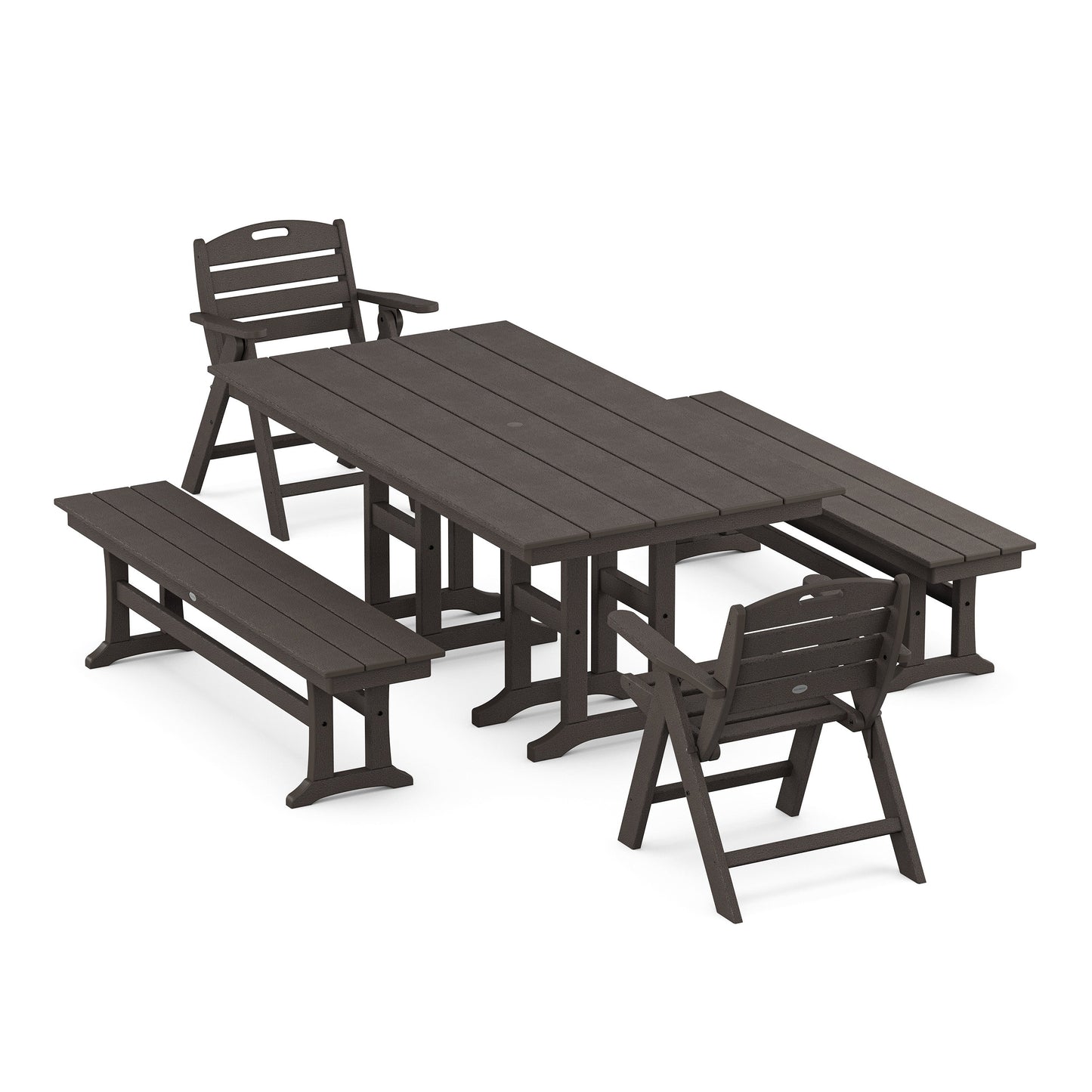 POLYWOOD Nautical Lowback 5-Piece Farmhouse Dining Set with Benches — Vintage Coffee