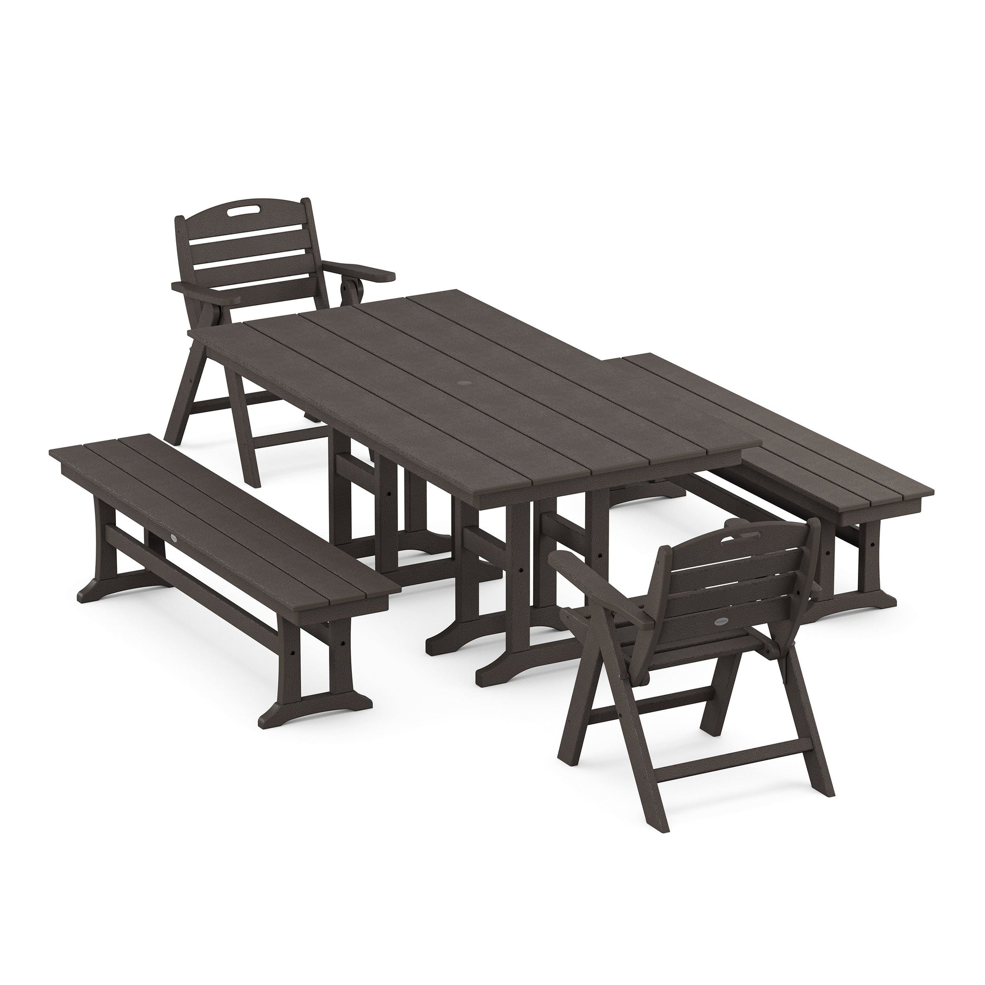 POLYWOOD Nautical Lowback 5-Piece Farmhouse Dining Set with Benches — Vintage Coffee