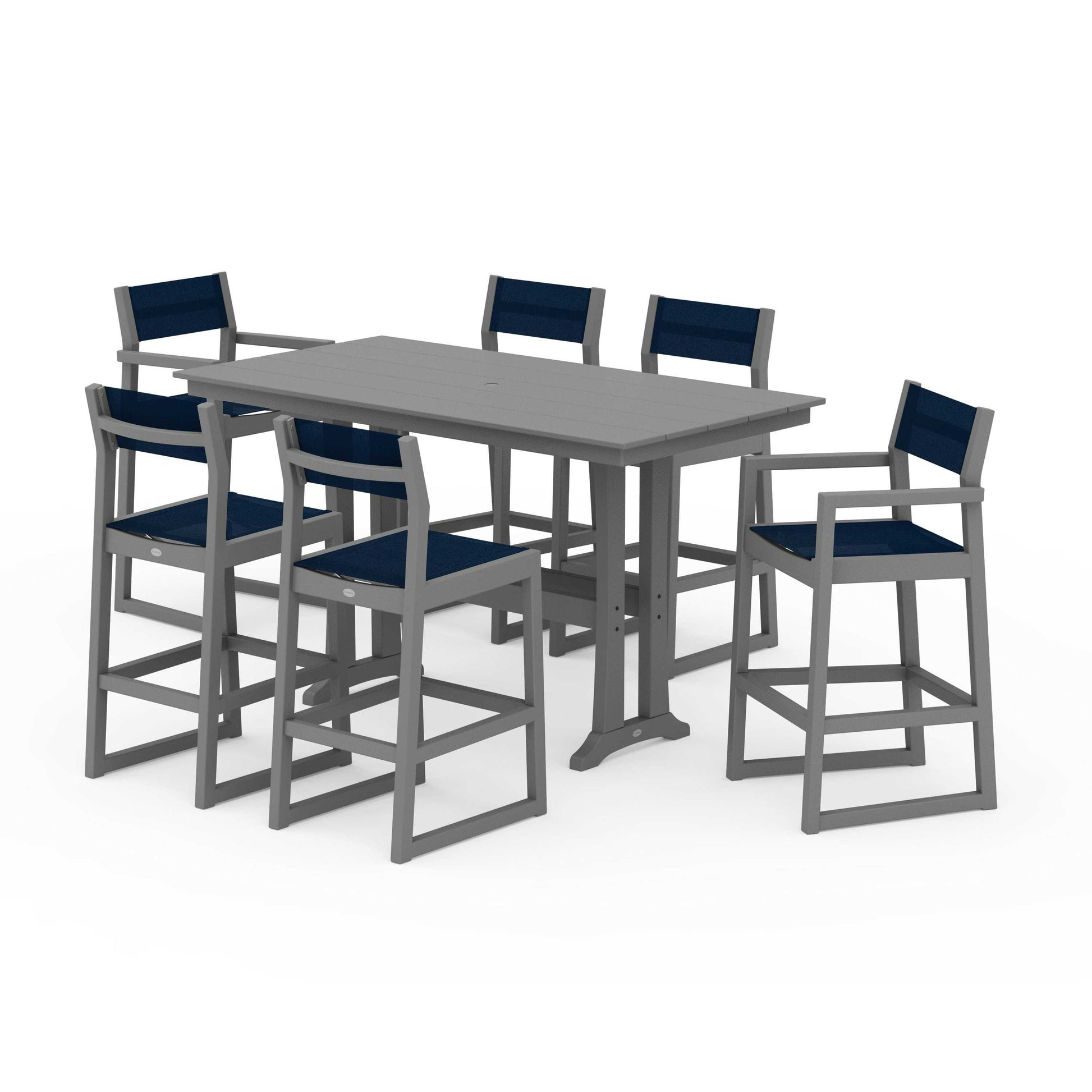 POLYWOOD EDGE Sling 7-Piece Farmhouse Bar Set with Trestle Legs — Slate Grey / Navy Blue Sling