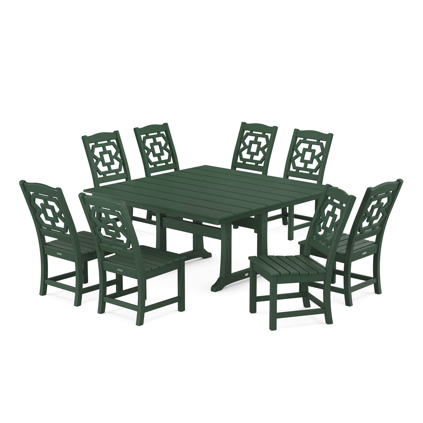 POLYWOOD Chinoiserie 9-Piece Square Farmhouse Side Chair Dining Set with Trestle Legs — Green