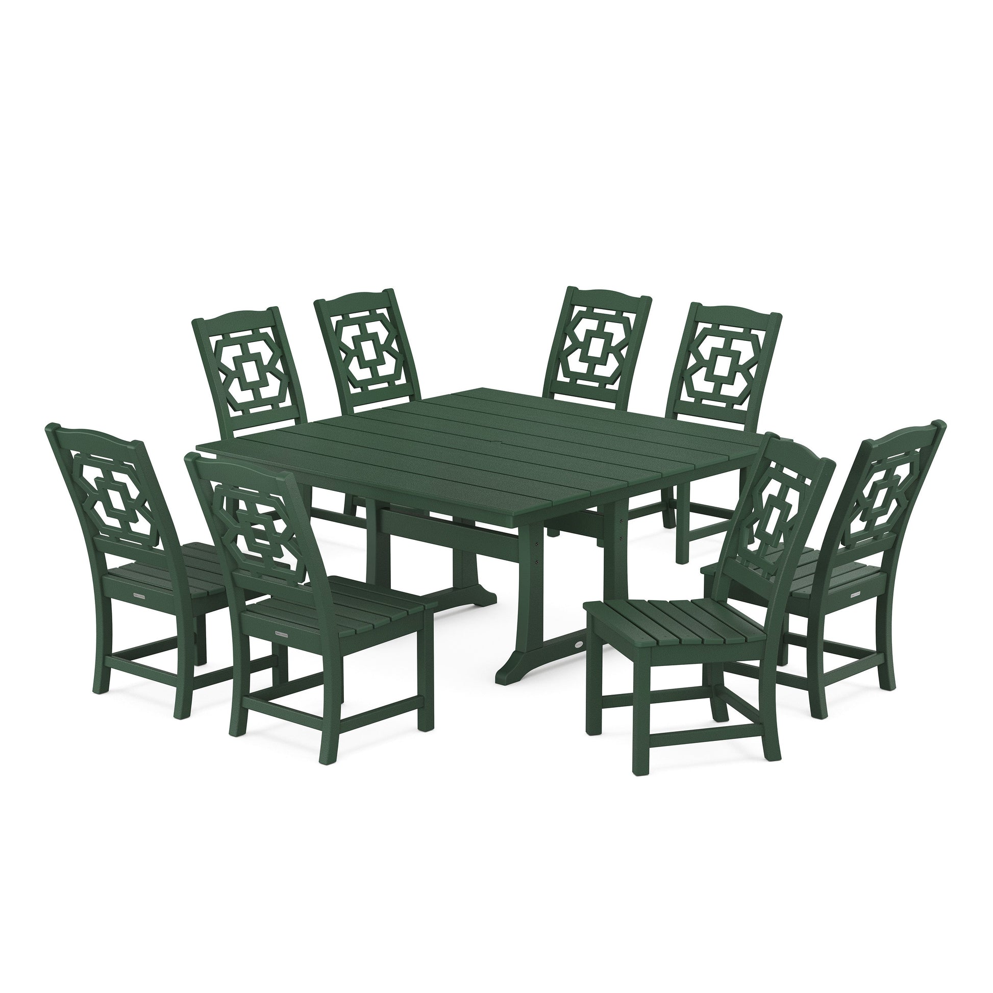 POLYWOOD Chinoiserie 9-Piece Square Farmhouse Side Chair Dining Set with Trestle Legs — Green