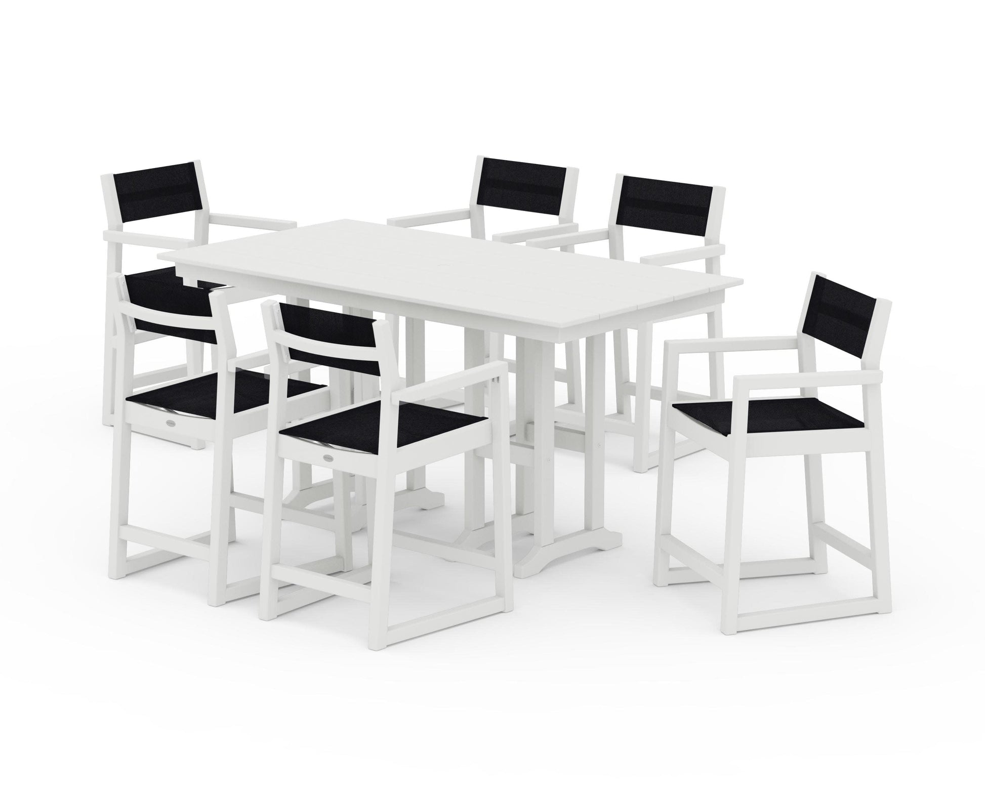 POLYWOOD EDGE Sling Arm Chair 7-Piece Farmhouse Counter Set — Vintage White / Black Sling