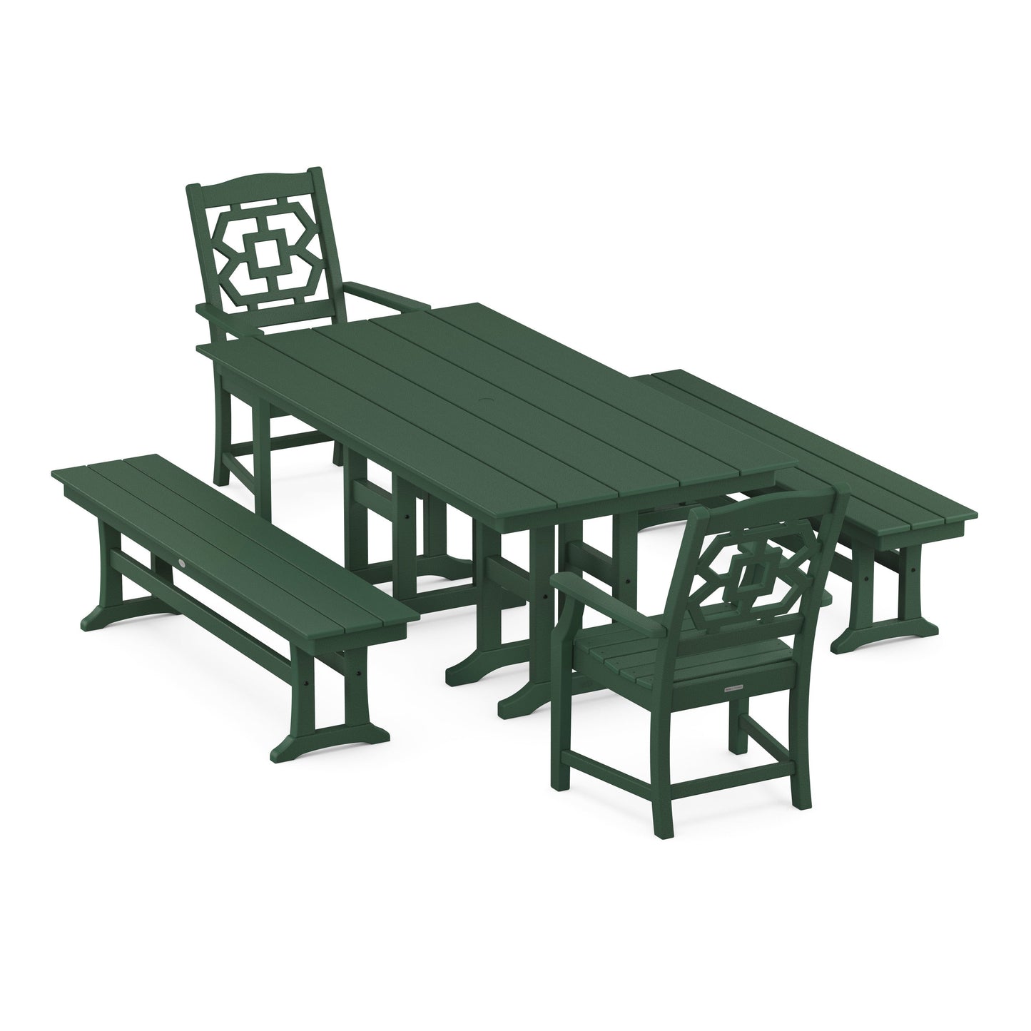 POLYWOOD Chinoiserie 5-Piece Farmhouse Dining Set with Benches — Green