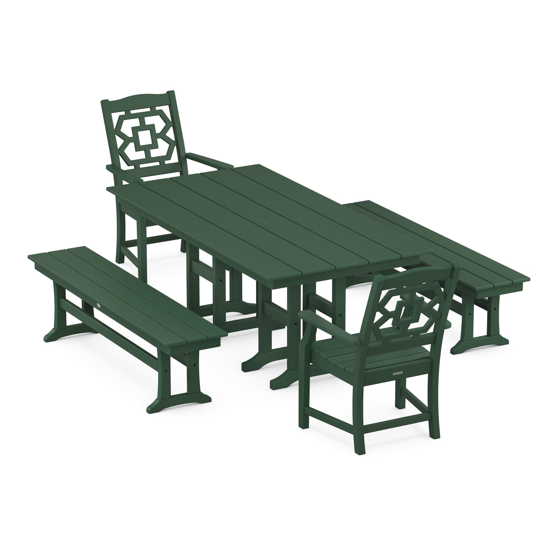 POLYWOOD Chinoiserie 5-Piece Farmhouse Dining Set with Benches — Green