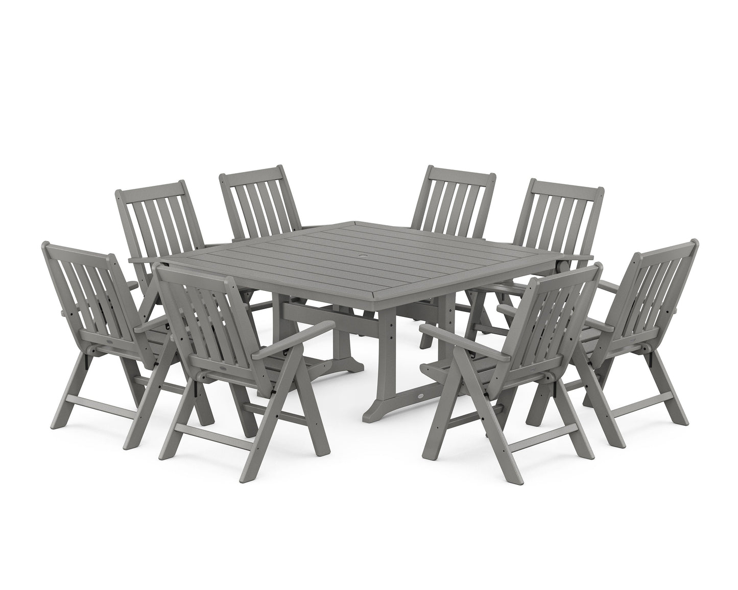 POLYWOOD Vineyard Folding Chair 9-Piece Square Dining Set with Trestle Legs — Slate Grey