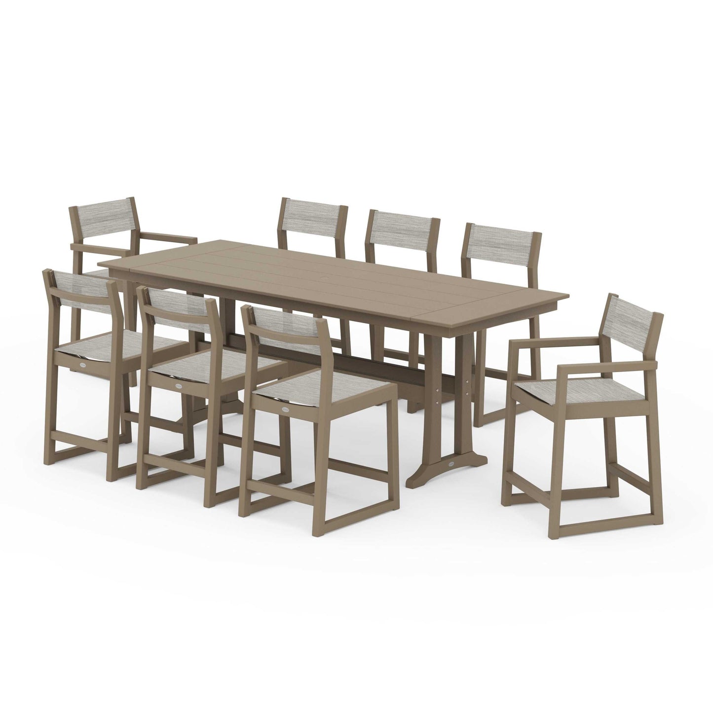 POLYWOOD EDGE Sling 9-Piece Farmhouse Counter Set with Trestle Legs — Vintage Sahara / Birch Sling