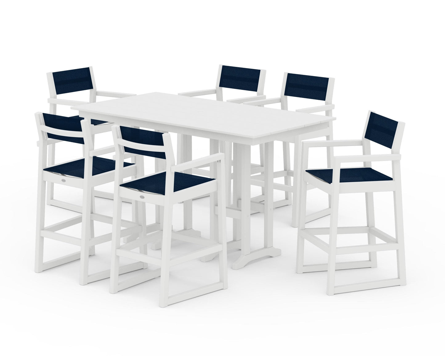 POLYWOOD EDGE Sling Arm Chair 7-Piece Farmhouse Bar Set — White / Navy Blue Sling