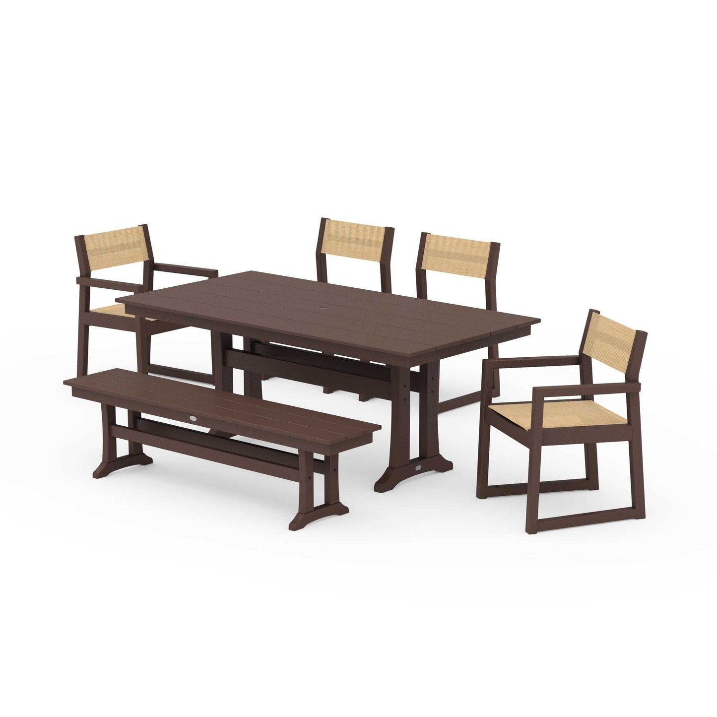 POLYWOOD EDGE Sling 6-Piece Farmhouse Dining Set With Trestle Legs — Mahogany / Dupioni Apricot Sling