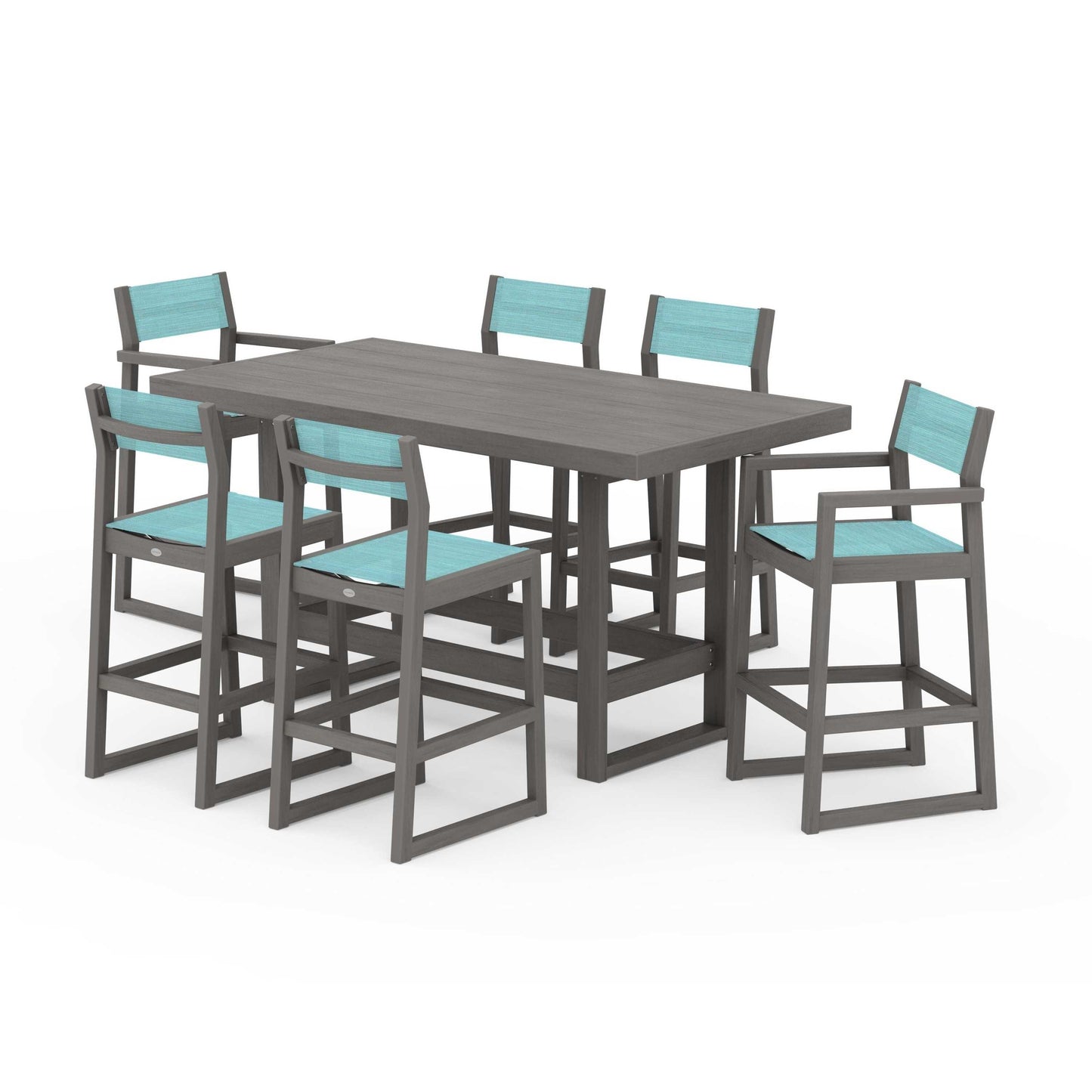 POLYWOOD EDGE Sling 7-Piece Bar Table Set — Driftwood / Dupioni Aquamarine Sling