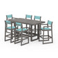 POLYWOOD EDGE Sling 7-Piece Bar Table Set — Driftwood / Dupioni Aquamarine Sling