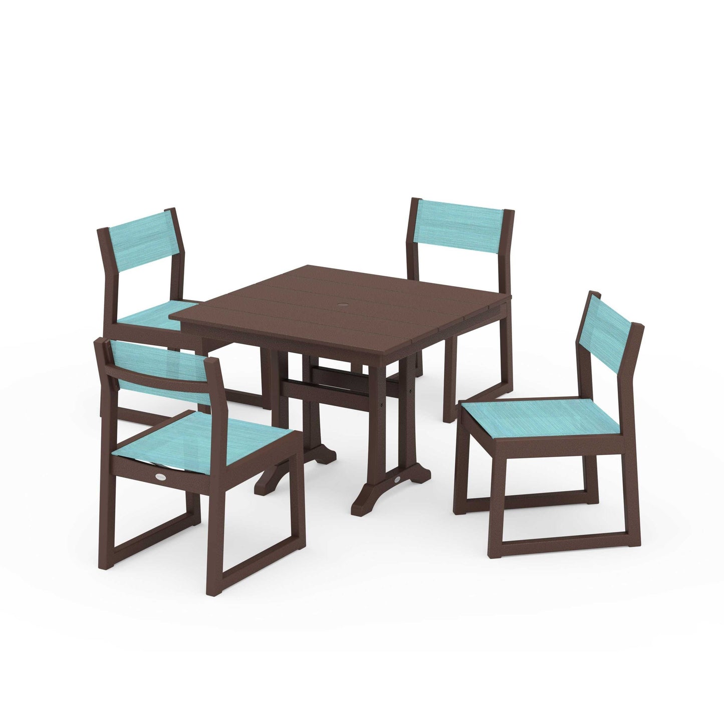 POLYWOOD EDGE Sling 5-Piece Farmhouse Trestle Side Chair Dining Set — Mahogany / Dupioni Aquamarine Sling