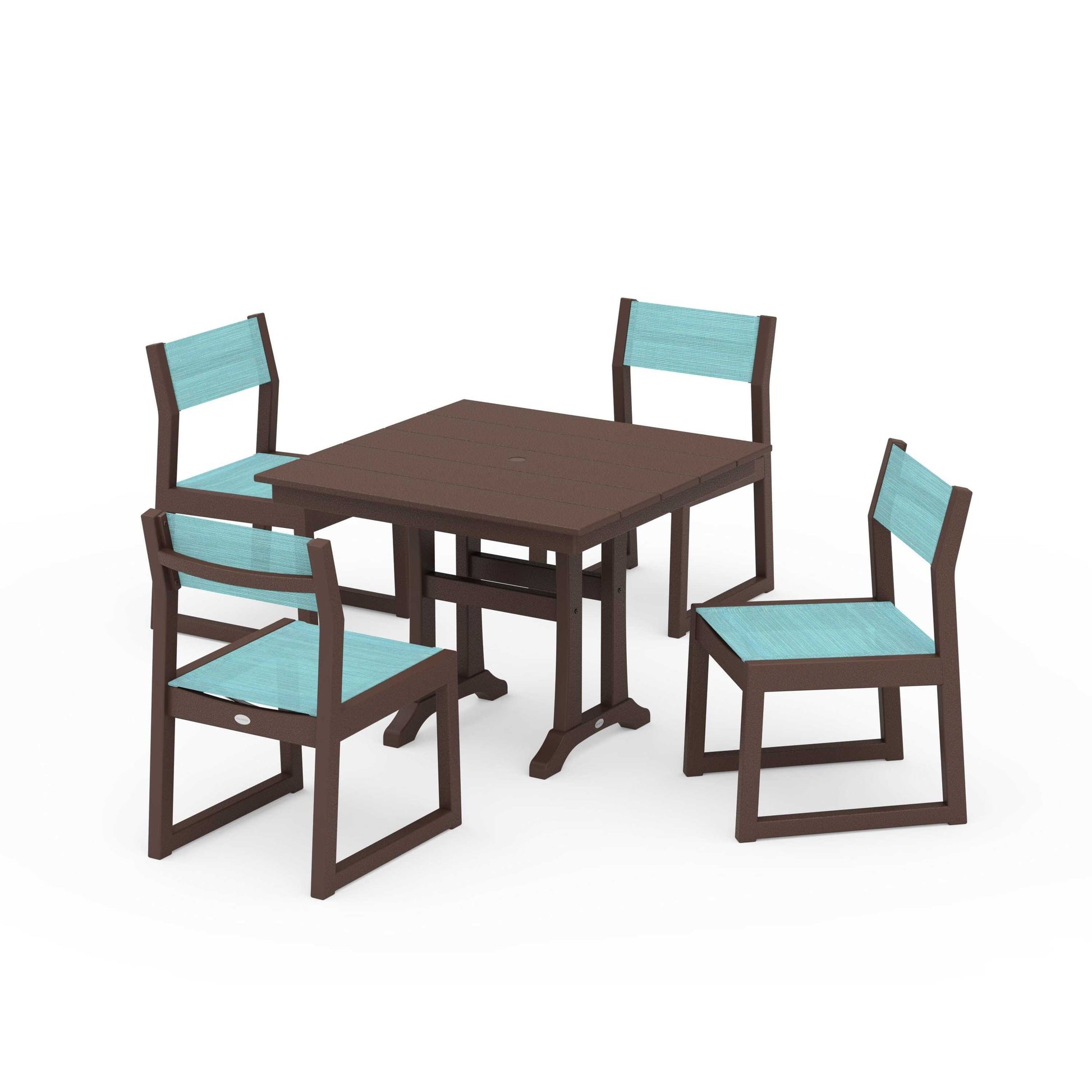 POLYWOOD EDGE Sling 5-Piece Farmhouse Trestle Side Chair Dining Set — Mahogany / Dupioni Aquamarine Sling