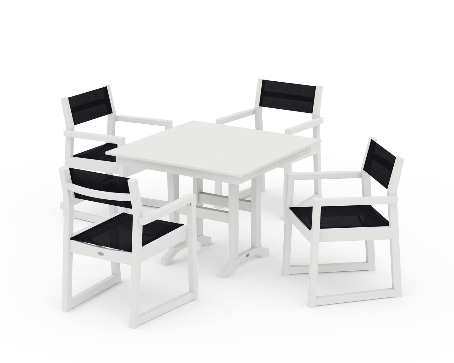 POLYWOOD EDGE Sling Arm Chair 5-Piece Farmhouse Dining Set — Vintage White / Black Sling