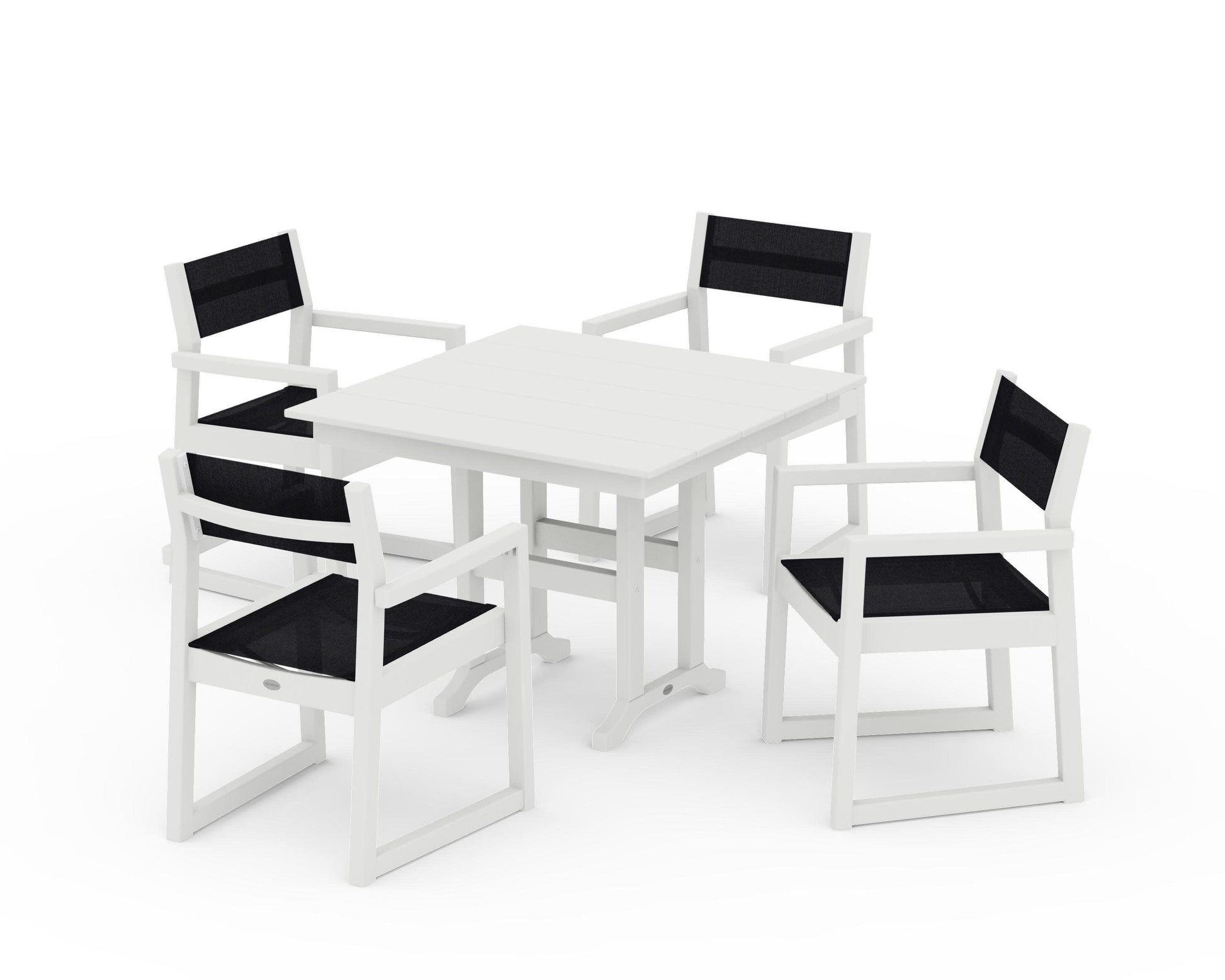 POLYWOOD EDGE Sling Arm Chair 5-Piece Farmhouse Dining Set — Vintage White / Black Sling