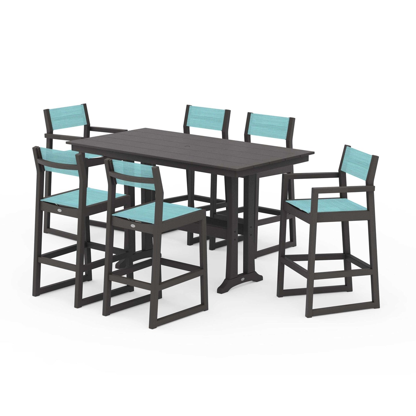 POLYWOOD EDGE Sling 7-Piece Farmhouse Bar Set with Trestle Legs — Vintage Coffee / Dupioni Aquamarine Sling