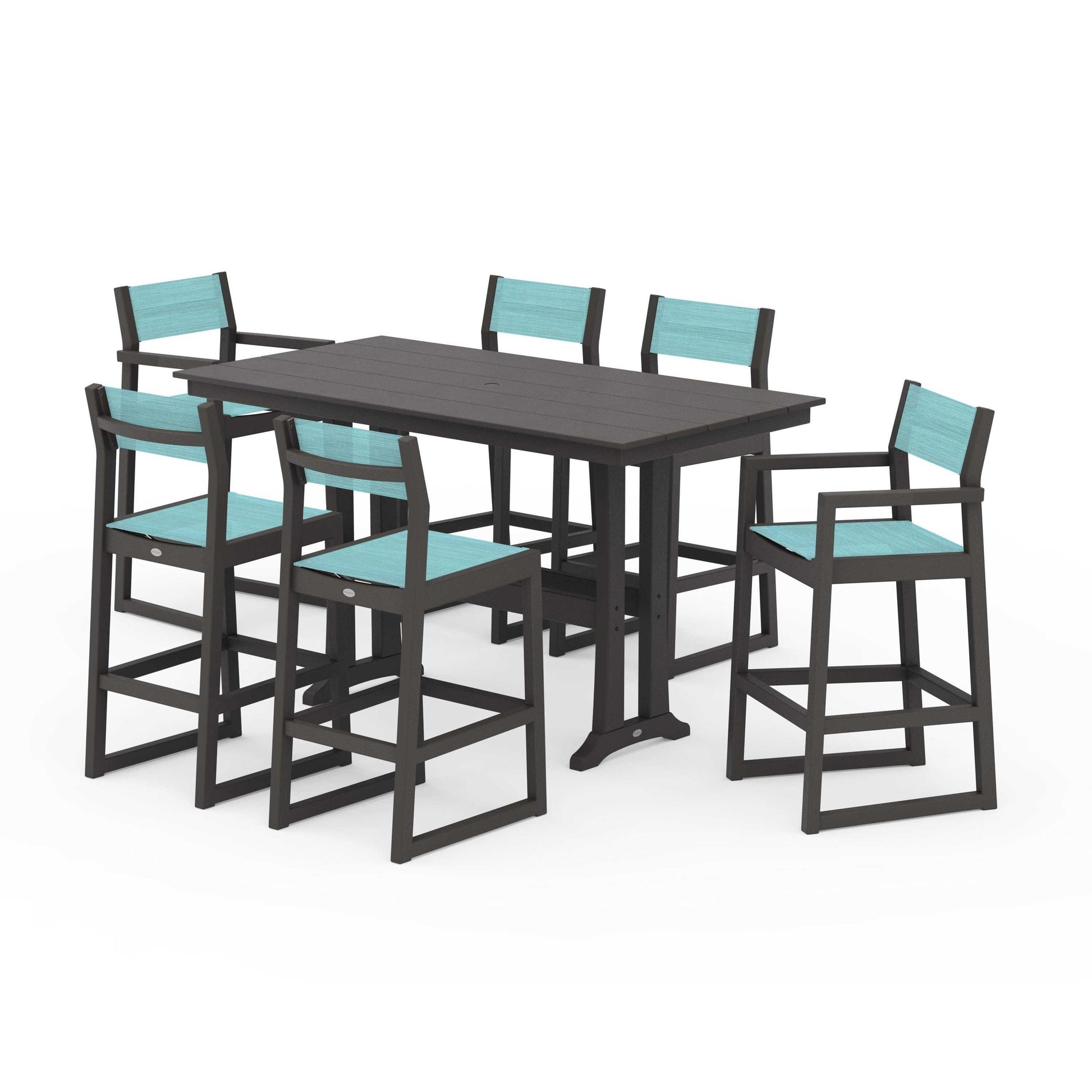 POLYWOOD EDGE Sling 7-Piece Farmhouse Bar Set with Trestle Legs — Vintage Coffee / Dupioni Aquamarine Sling