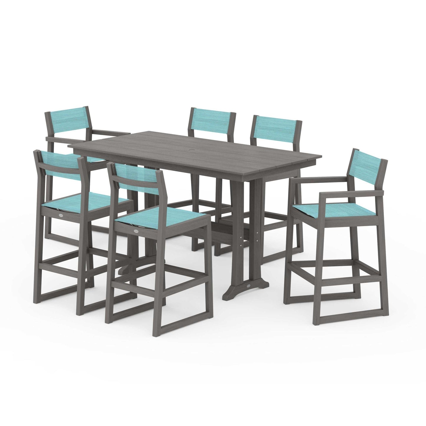 POLYWOOD EDGE Sling 7-Piece Farmhouse Bar Set with Trestle Legs — Driftwood / Dupioni Aquamarine Sling