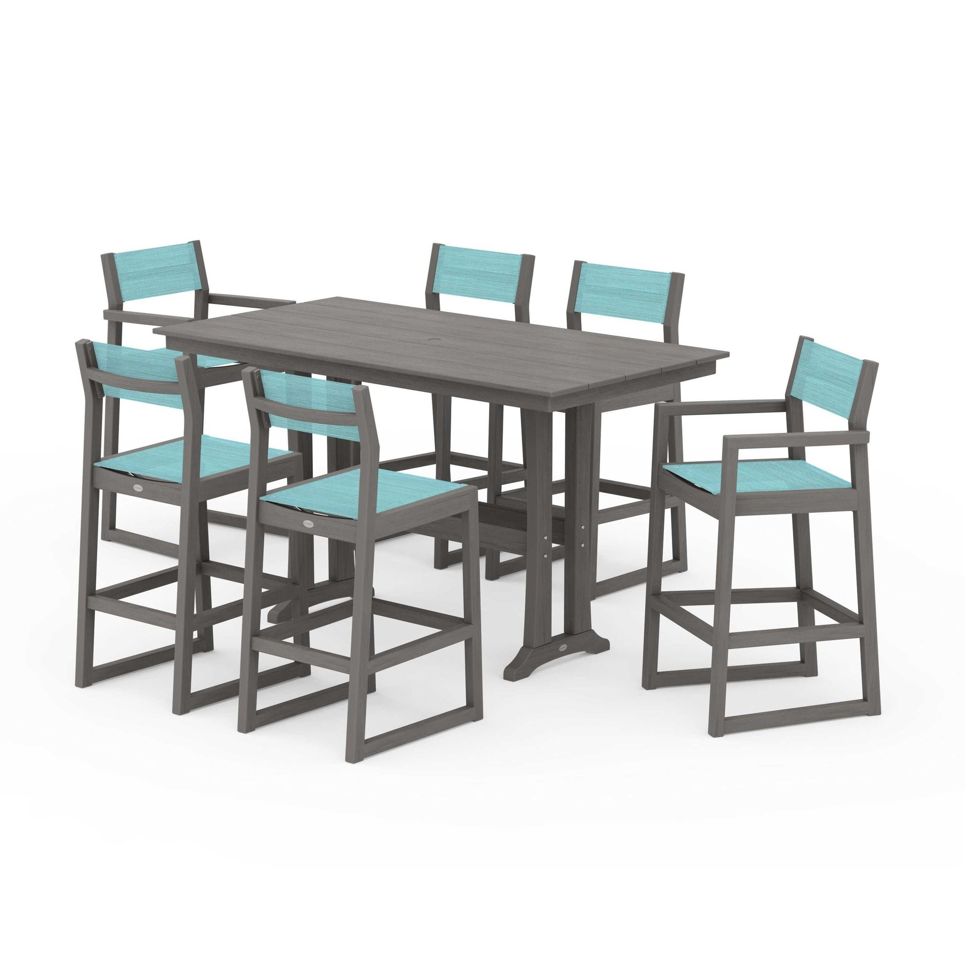 POLYWOOD EDGE Sling 7-Piece Farmhouse Bar Set with Trestle Legs — Driftwood / Dupioni Aquamarine Sling