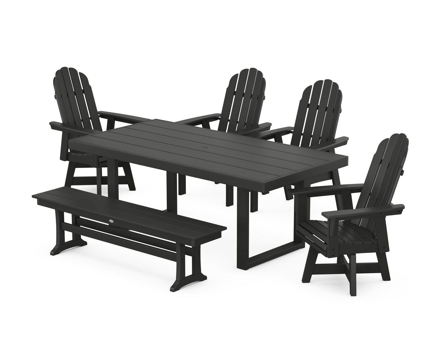 POLYWOOD Vineyard Curveback Adirondack Swivel Chair 6-Piece Dining Set with Bench — Black