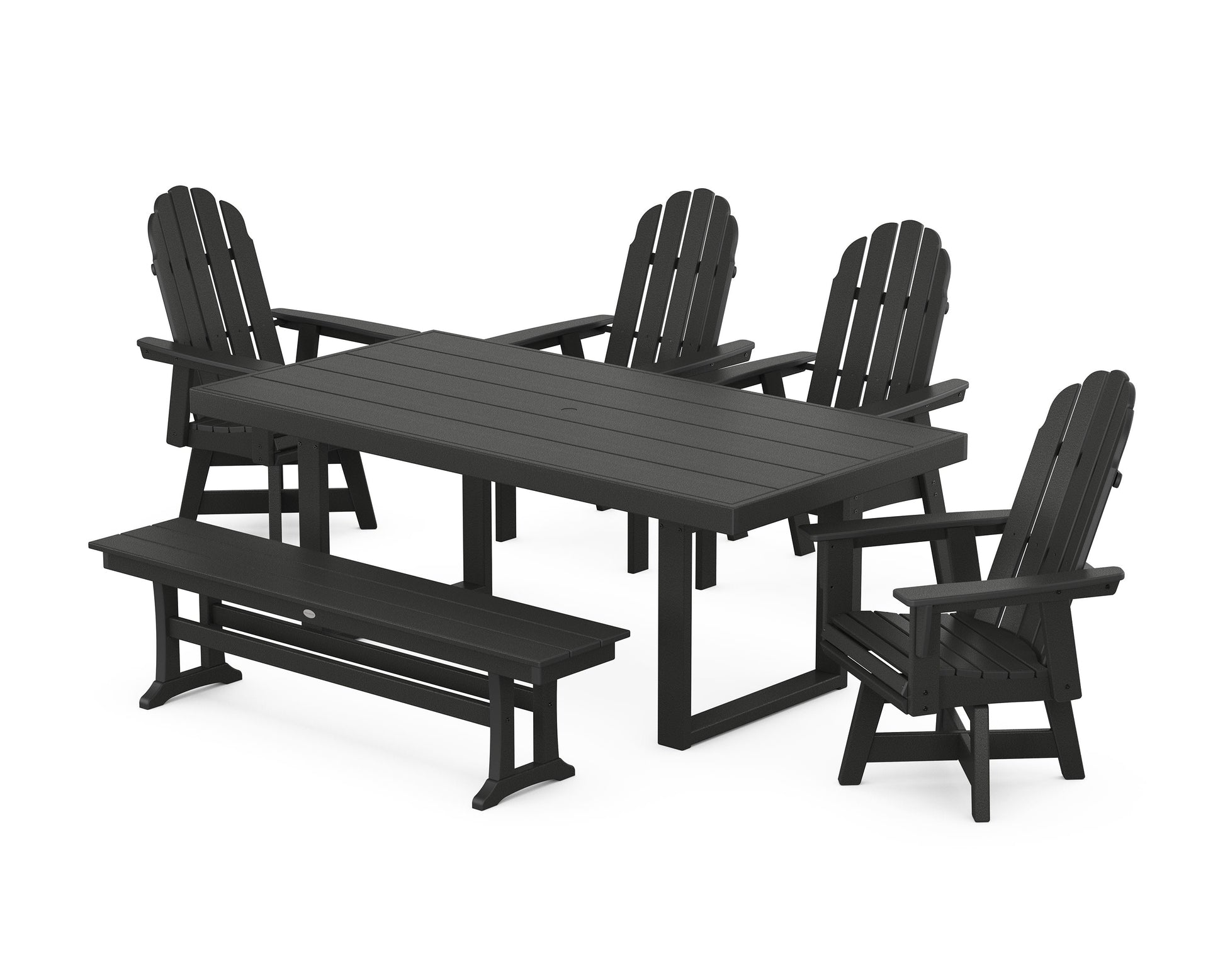 POLYWOOD Vineyard Curveback Adirondack Swivel Chair 6-Piece Dining Set with Bench — Black