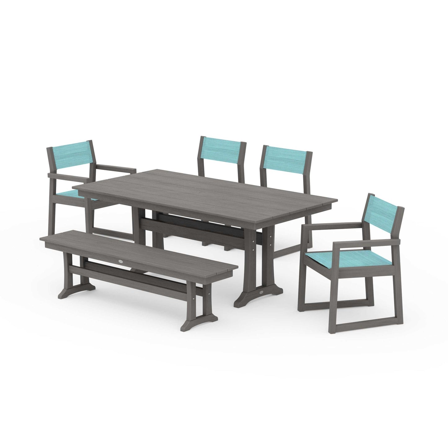 POLYWOOD EDGE Sling 6-Piece Farmhouse Dining Set With Trestle Legs — Driftwood / Dupioni Aquamarine Sling