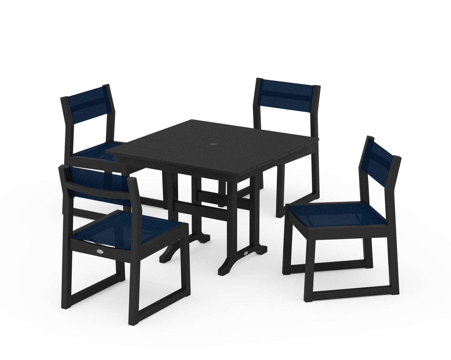 POLYWOOD EDGE Sling Side Chair 5-Piece Farmhouse Dining Set — Black / Navy Blue Sling