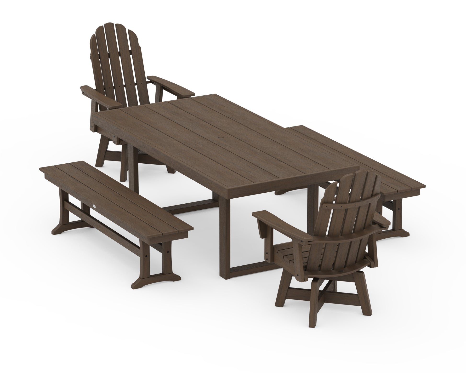 POLYWOOD Vineyard Curveback Adirondack Swivel Chair 5-Piece Dining Set with Benches — Kona